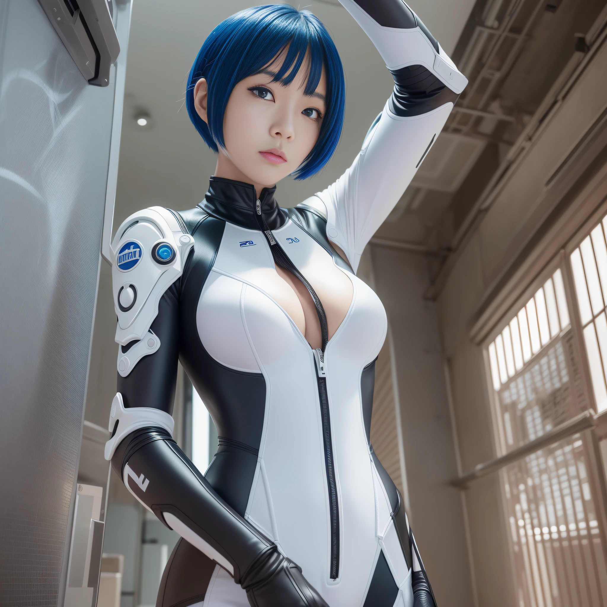 Best Quality, Ultra Hi-Res, 1girl, Masterpiece,,Plugsuit,Bodysuit,Solo,(( ( Big)))), white_bodysuit, pilot_suit, lance_of_longinus, Bangs, Triangular Psychosensory Devices on Both Sides of the Head, souryuu_asuka_langley,taut_clothes,Bokeh, Clothes with a sense of mechanical technology, zero small logo pattern on the chest, (short hair)))), (short hair)))), ((short hair)))), bodysuit, white bodysuit, pilot suit, bangs, Rei Ayanami highest quality, ultra high resolution, (photorealistic: 1.4), blue eyes, viewer see, blush, red lips, (ulzzang-6500-v1.1:1), Rei Ayanami, reinforced suit (Top Quality, 8k, 32k, Masterpiece, UHD: 1.2), Detailed Eyes, Black Eyes, Double Eyelids, Watch Viewer, (Big: 3) (Cleavage: 1.2), Japan Anime, Evangelion, Rei Ayanami, Japan Idol, Japan, Asian Woman, Raise Both Hands, Big, Protruding, Studio Color, Plug Suit, 15~20 years old, Long eyes, Blue short hair, Thin eyes, Buddha's eyes, open mouth, serious eyes, warrior, dark blue hair, thin eyebrows, chest open,