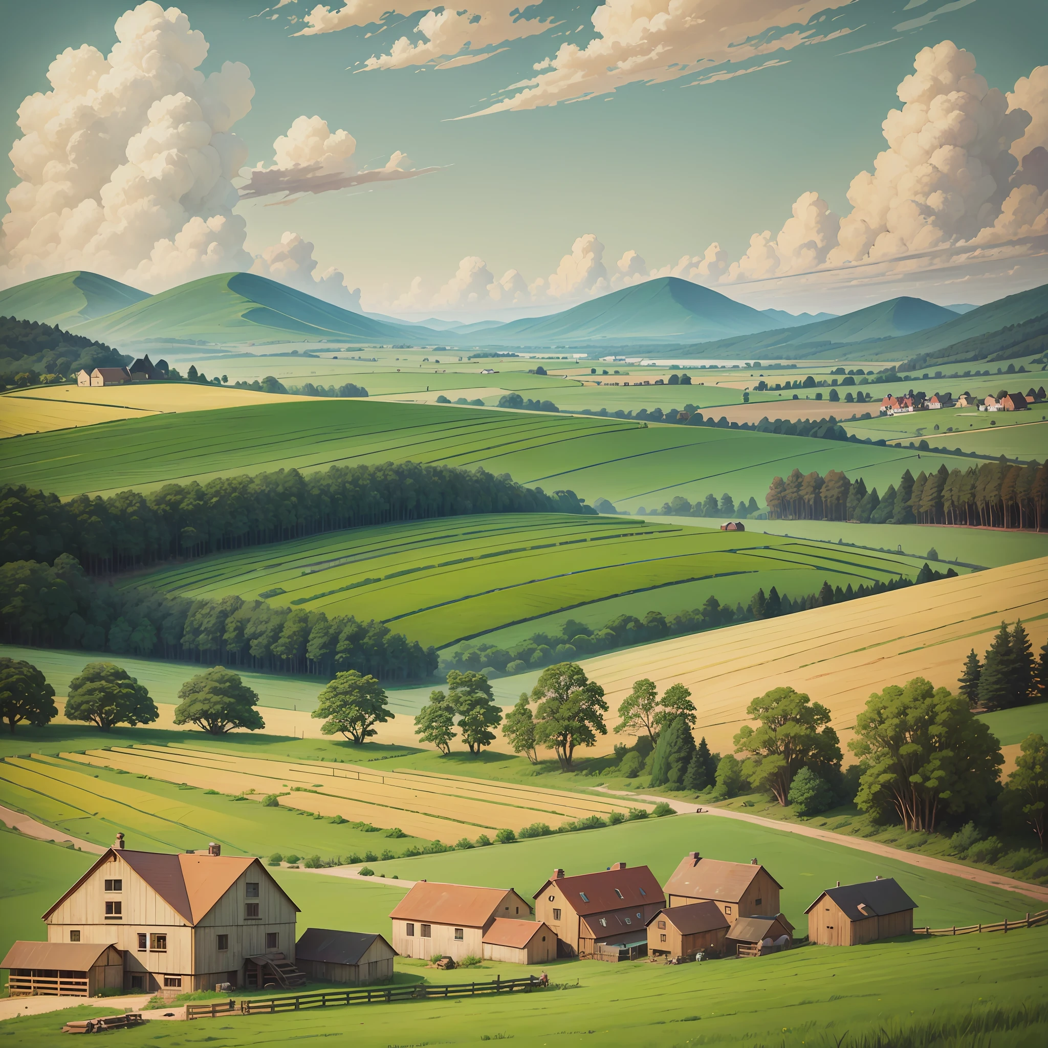 This artwork depicts a farm. It is an outdoor landscape painting showing a peaceful farm surrounded by greenery, lush meadows, and some farmhouses and farmland. In the center of the picture, a farmer can be seen ploughing the land on a tractor, and a large ploughing tool is pulled behind him. In the distance, a stream and a hill can be seen, and the whole painting gives a sense of harmony and tranquility, reminiscent of rural pastoral life --auto --s2