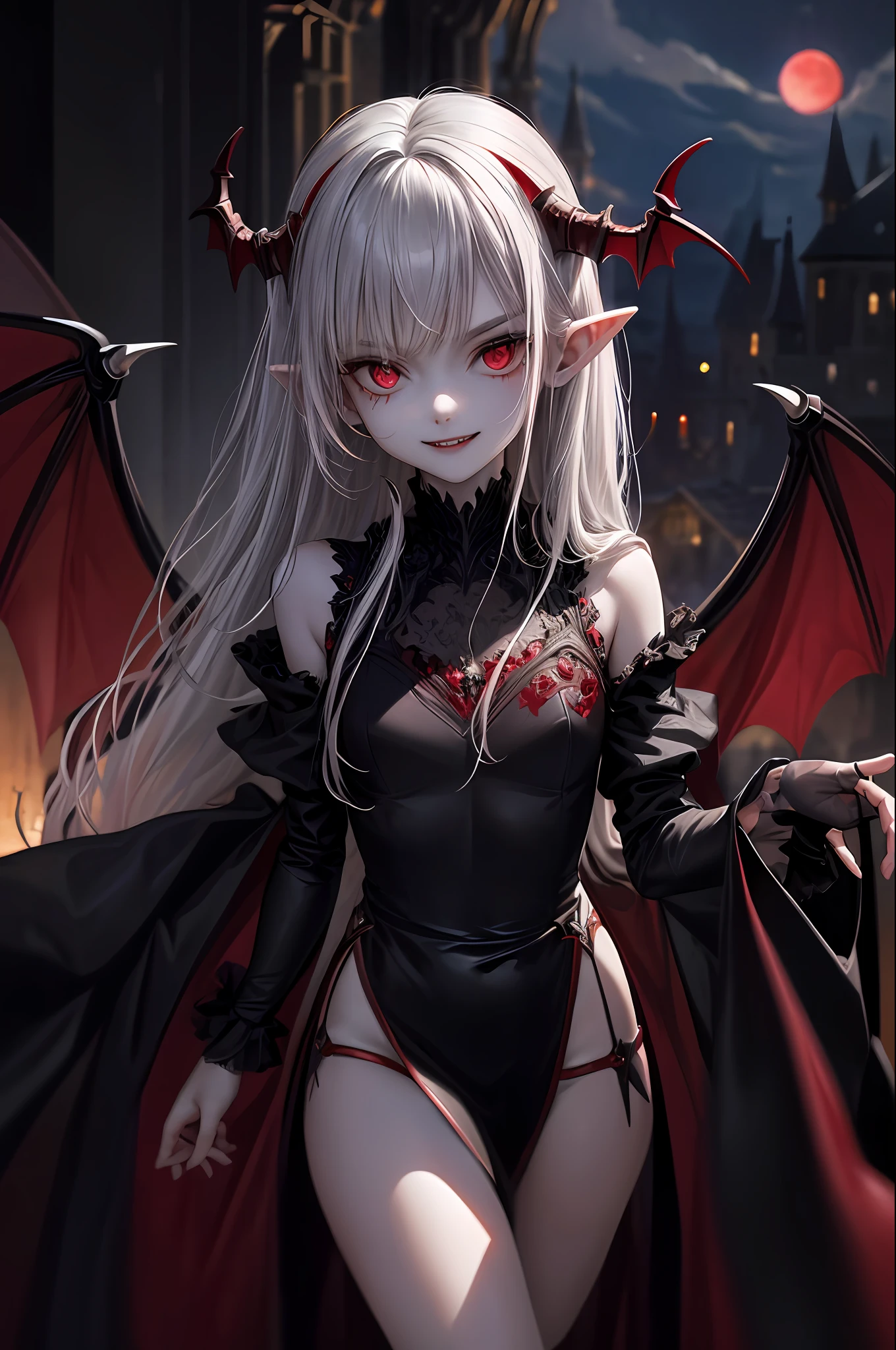 (Masterpiece: 1.2, best quality), (best lighting, very delicate and beautiful), (best lighting, very delicate and beautiful), (beautiful detailed face), (detailed eyes and detailed face: 1.2), dark fantasy, (young girl, little beast, 1girl, solo, crazy smile, pale skin, gray hair, red glowing eyes, dynamic angle, vampire), (get a vampire castle in the background), (Red Moon, Red Sky), pointy_ears, Fangs, Demon Wings, Demon Horns, Blood on the Face, Blood Rain, Blood Mist, (Depth of Field), High Contrast, (Blood Splash: 1.4), Cowboy Shot, Full Body,
