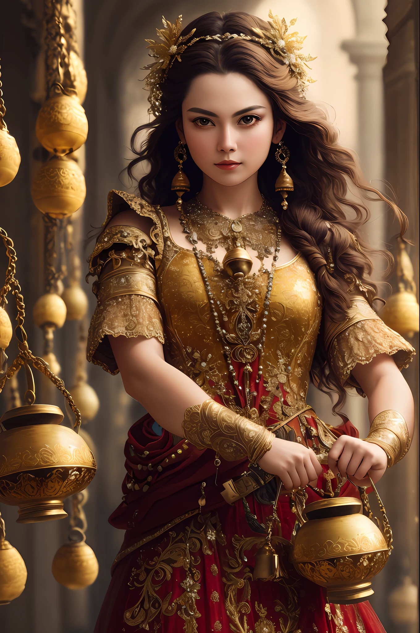 (extremely detailed 8k wallpaper), a medium shot photo of a woman holding bells, intricate, high detail, dramatic