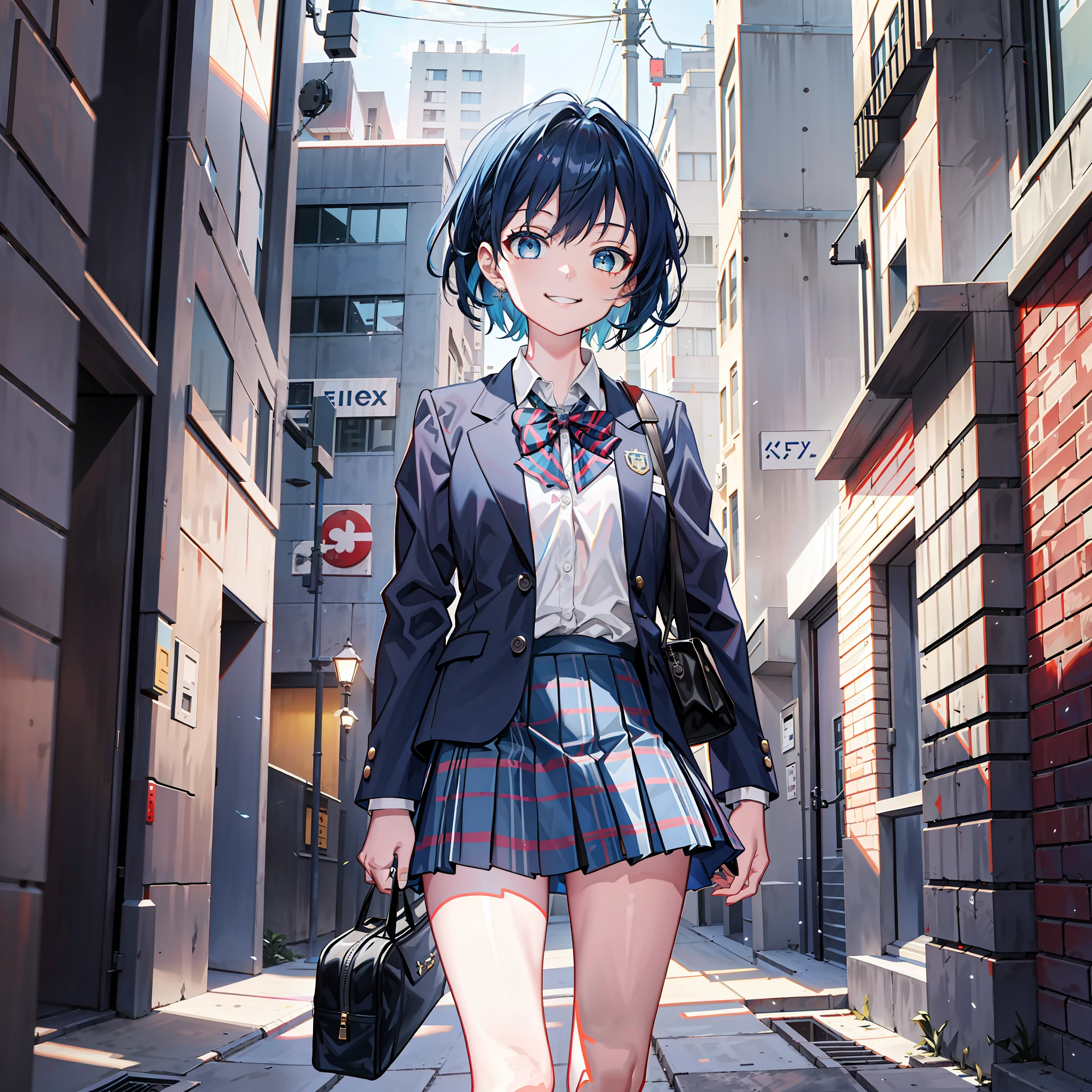 ((masterpiece, best quality, very detailed, ultra_highres, animate_style)), 1female_, solo, (emaciated:1.5), loli,mall_breast, kawaii, cute, smile, darkblue_hair, medium_hair, blue_eyes, school_uniform, darkblue_blazer, long_sleeves, plaid_skirt, short_skirt, full_body, standing, looking_at_viewer, dynamic lighting, detailed skin
