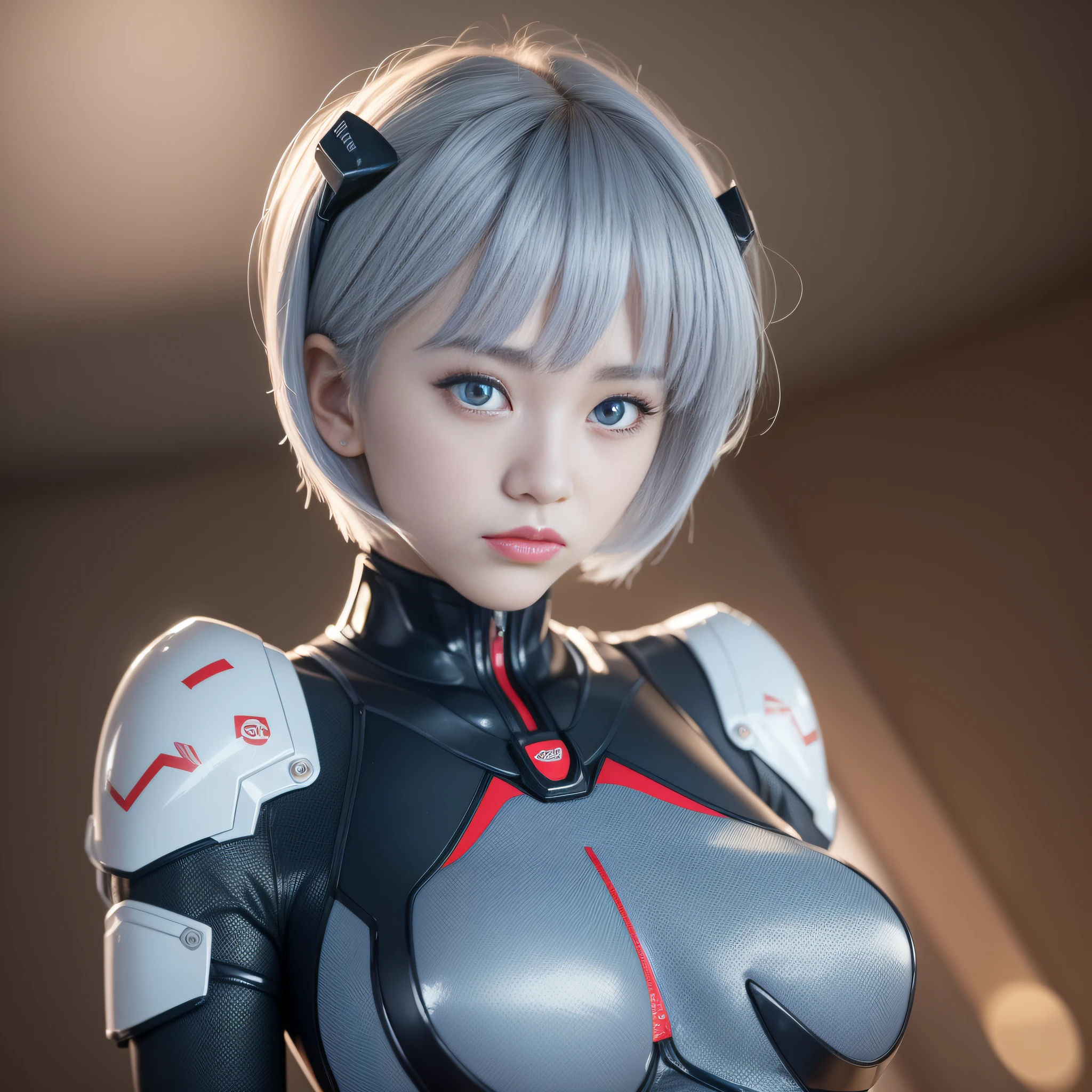 Best Quality, Ultra High Resolution, 1girl, Masterpiece,,Plugsuit, bodysuit,solo,((( Big breasts)))), white_bodysuit, pilot_suit, lance_of_longinus, Bangs , Mechanical clothes, Zero small logo pattern on the chest, (Short hair))), (Short hair)), Bodysuit, White Bodysuit, Pilot Suit, Bangs, Rei Ayanami Best Quality, Ultra High Definition, (Photorealistic: 1.4), Blue Eyes, Watch Viewer, Blush, Red Lips, (ulzzang-6500-v1.1:1), Rei Ayanami, Enhanced Suit (Best Quality, 8k, 32k, Masterpiece, UHD: 1.2), Detailed Eyes, Black Eyes, Double Eyelids, Watch Viewer, (Big: 3) (Cleavage :1.2), Japan anime, Evangelion, Rei Ayanami, Japan idol, Japan, Asian woman, hands raised, big, protruding breasts, studio color, plug suit, 15~20 years old, long eyes, blue short hair, thin eyes, Buddha's eyes, open mouth, serious eyes, warrior, dark blue hair, thin eyebrows, chest wide open,