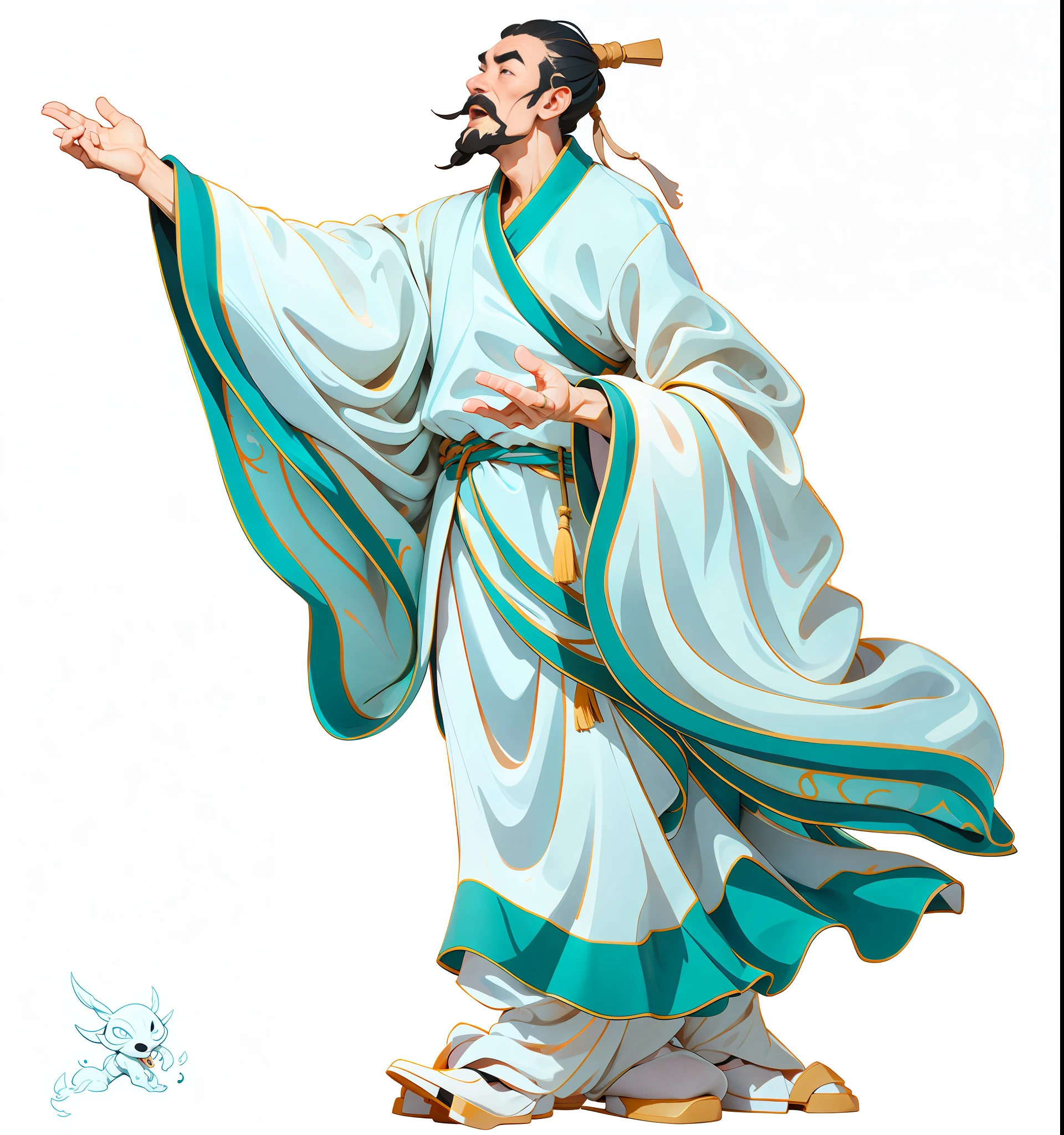 An ancient Chinese man, looking up and wearing Han clothes, chanting poetry movements, singing long sleeves, background is ink landscape, HD, 8K