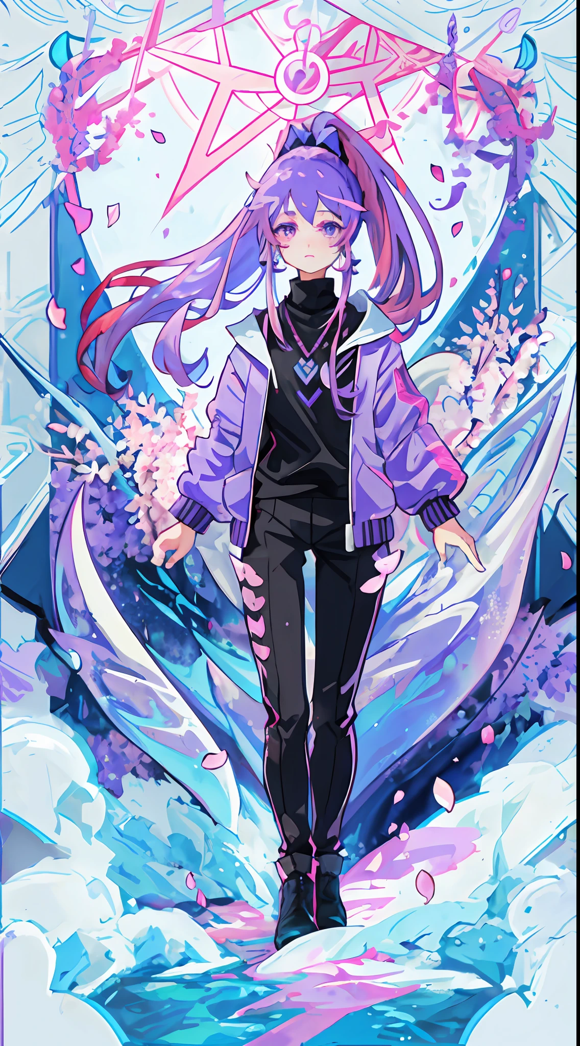 ((Masterpiece, Best Quality)), (Negative Space: 1.2), (1 Girl, Solo: 1.4), Petals, Pink Eyes, Dragon Girl, Long, Purple Hair, High Ponytail, Liquid Hair, Flowers, Dragon Background, Front