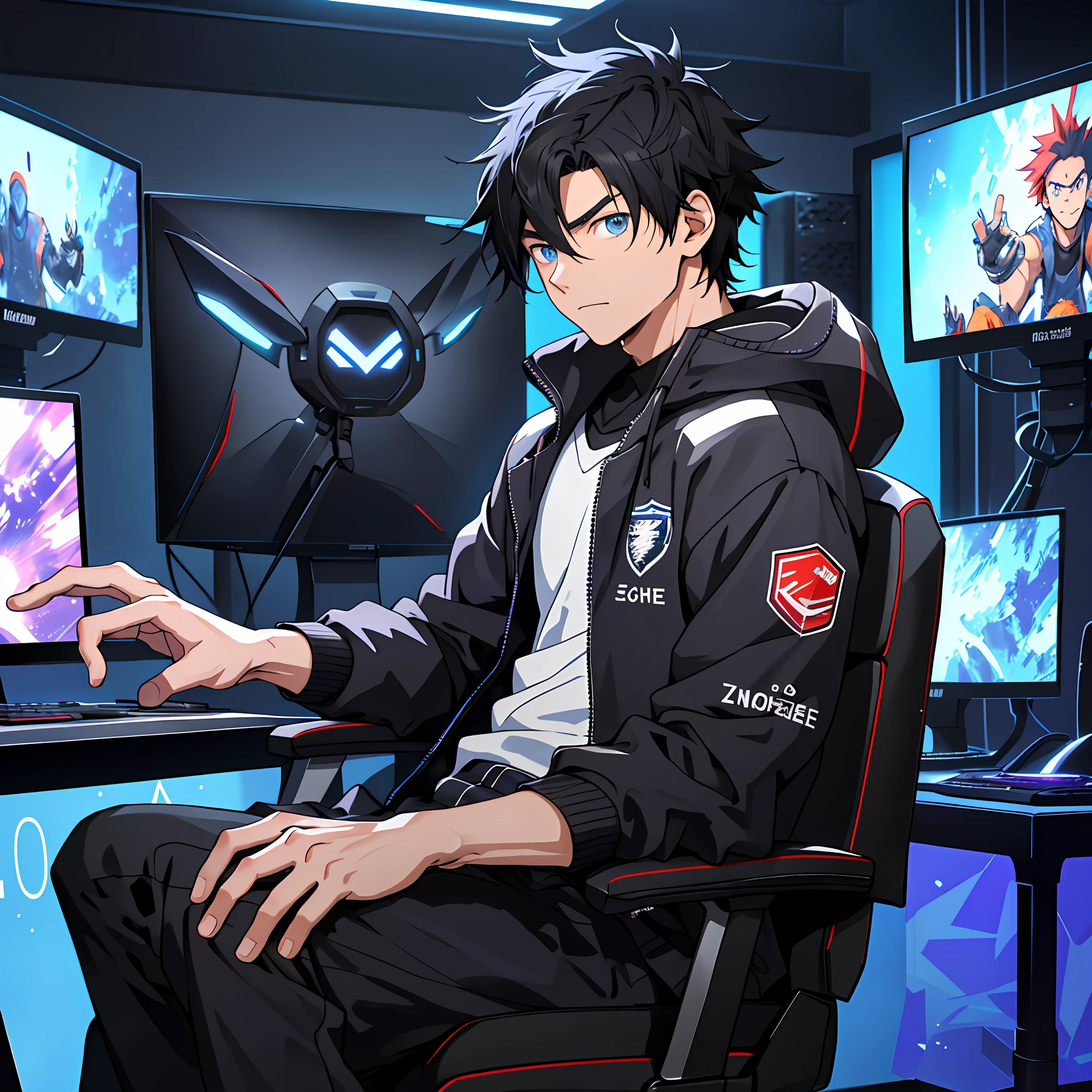 Best quality: 1.0), (super high resolution: 1.0), anime boy, short black hair, blue eyes, sitting in front of the computer to play games live, computer content has a live barrage similar to the live broadcast screen of TikTok, the background is in the e-sports room,