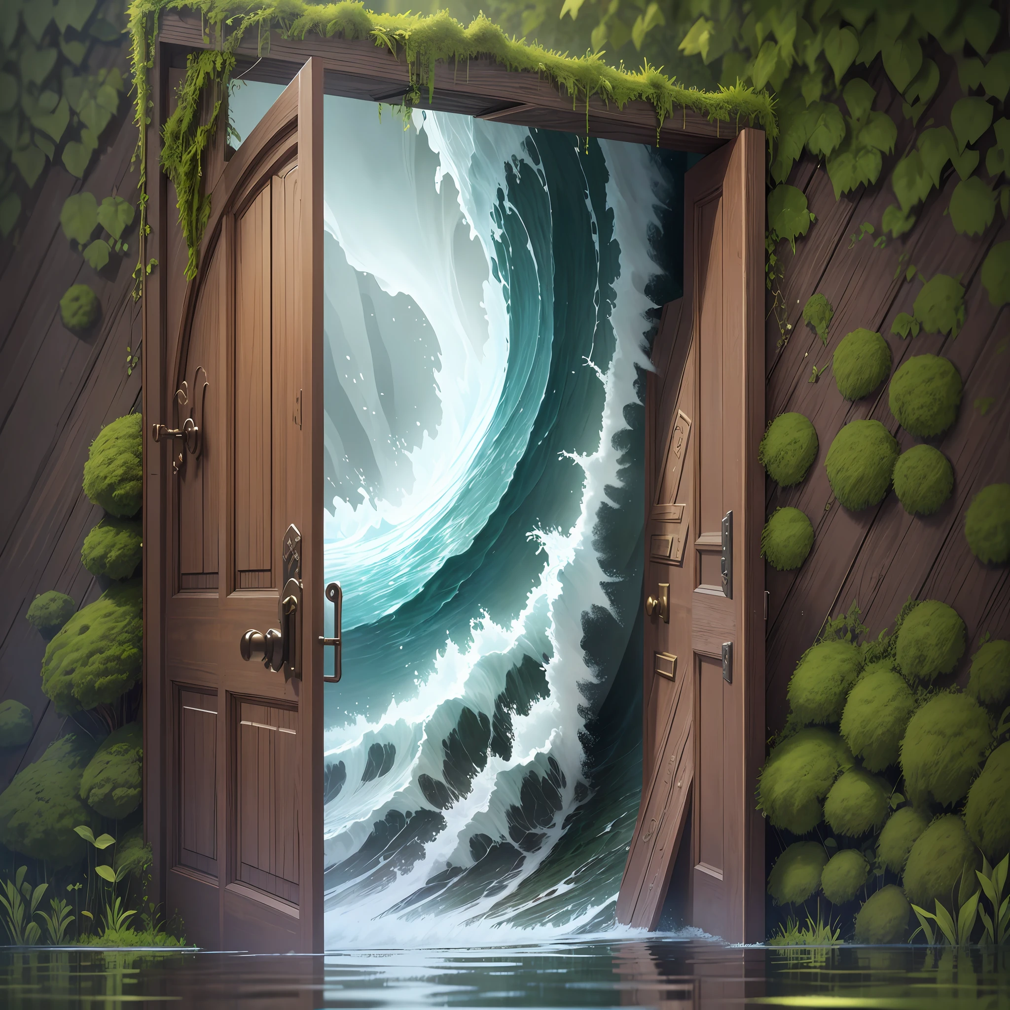 wooden door, flood, break in, high quality, masterpiece, illustration, super detail, particle effects, unreal flood, magic, tsunami level flood, shock, flood, flood, break in, break in, wooden door that is washed open, moss overgrown wooden door