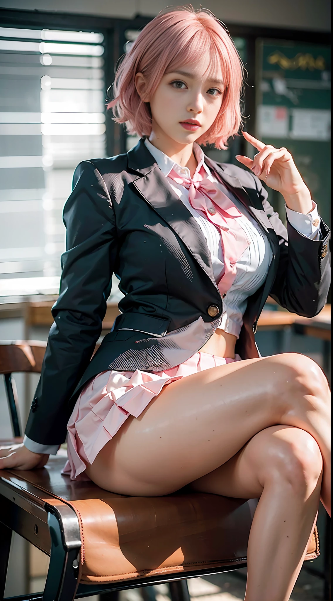 (photogenic, 8k, RAW photo, best quality, masterpiece:1.2), Blazer school uniform, mini skirt, voluptuous body, short pink hair, sitting at desk, black pants visible through crossed legs, pointing, beautiful face, black underwear, shiny thighs, pure white skin, Japan, school girl, realistic