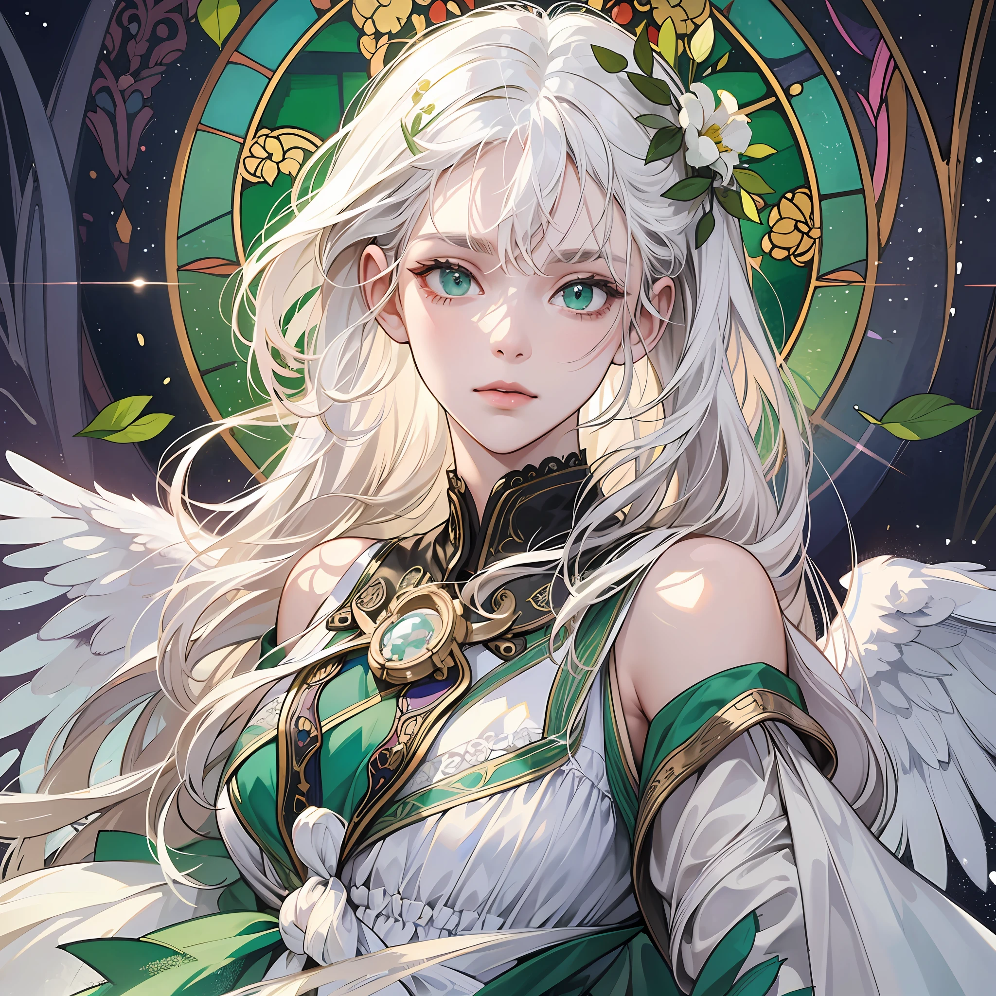 Masterpiece, ((best quality)), highly detailed, stained glass style, upper body, solo, (white_hair), long white hair, green eyes, petite, angel, halo, white_dress, --auto --s2