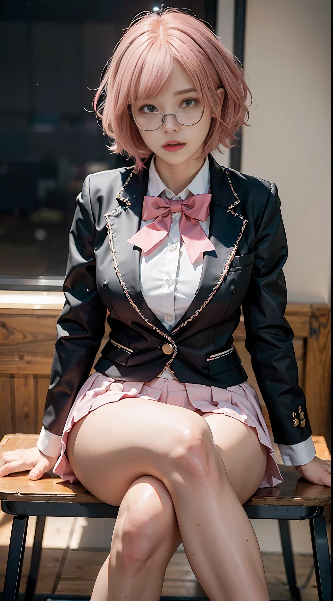 (photogenic, 8k, RAW photo, best quality, masterpiece:1.2), Blazer school uniform, mini skirt, voluptuous body, short pink hair, sitting at desk, black pants visible through crossed legs, pointing, beautiful face, black underwear, shiny thighs, pure white skin, Japan, school girl, realistic