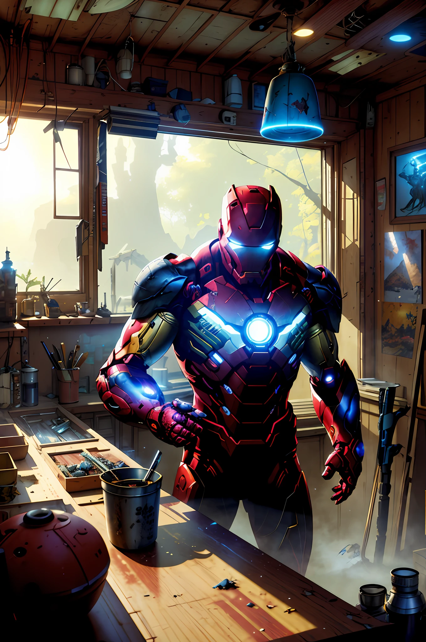 Wide-angle shot of the environment in a cluttered and dirty shack, action shooting, vivid, photorealistic, realistic, dramatic, dark, sharp focus, 8k. Iron Man from Marvel, medium shot, intricate, unreal engine, cozy interior lighting, art station, detailed, James Gurney, Katsuhiro Otomo, James Peik, cinematic lighting, vibrant nature, Craig Mullins, Greg Rutkowski, Pete Morbacher, Tuomas Korpi, tekkon kinreet, volumetric light, trending on artstation, octane rendering.", trending on artstation, sharp focus, studio photography, complex details, high detail, Greg Rutkowski