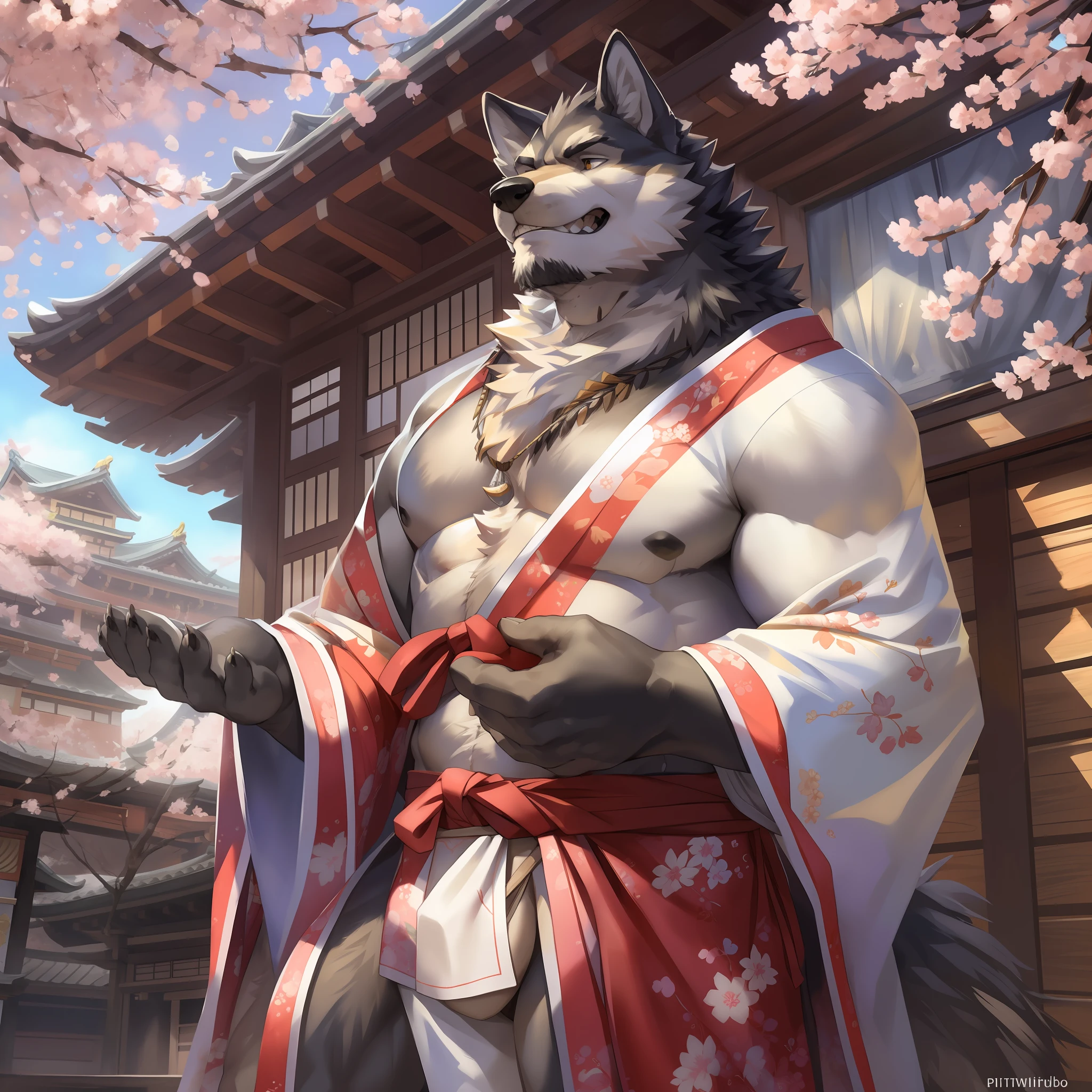 masterpiece,best quality, from high angle,kemono, anthro (wolf), male, (wolf), beard,middle-aged, gray body,white belly,muscular,japanese traditional clothes, white (fundoshi),((open) black formal kimono),,japanese building,look up to the sky,majestic,brutal,confident,strong,cherry blossoms, sakura blossoms leaves, outdoors, dynamic angle,depth of field,delicate canine tooth,correct anatomy, correct hand,,hd, dim ,dark,dark shadows, light against dark,cinematic, dramatic light,wide dynamic range, hdr, low light:1.2, by Pino Daeni, (by ruaidri), by virtyalfobo