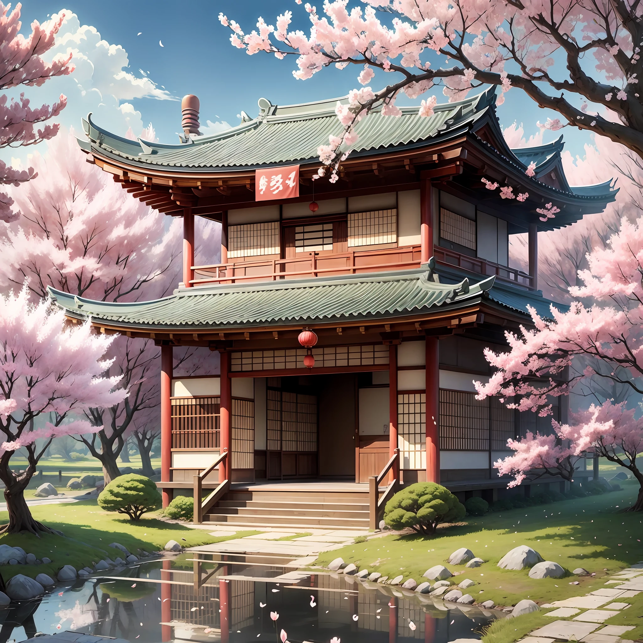 Japanese background with cherry trees ultra realistic cartoon style --auto --s2