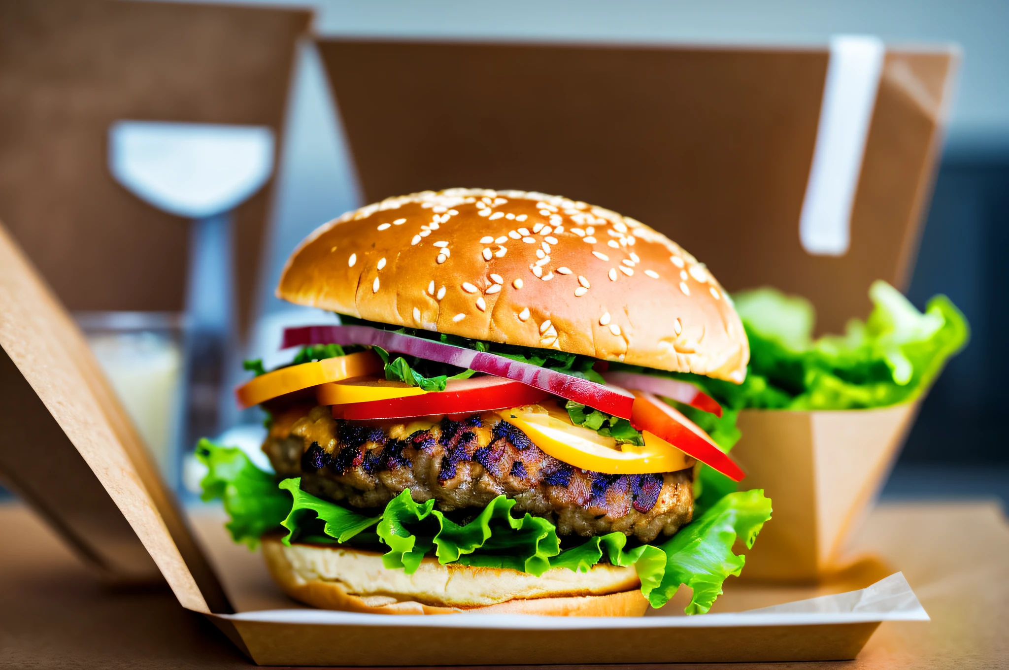 "Juicy and delicious hamburger in the foreground, paper packaging box open to reveal the sandwich inside, clean and tidy kitchen in the background, fast food, wide angle, dynamic composition." --auto --s2