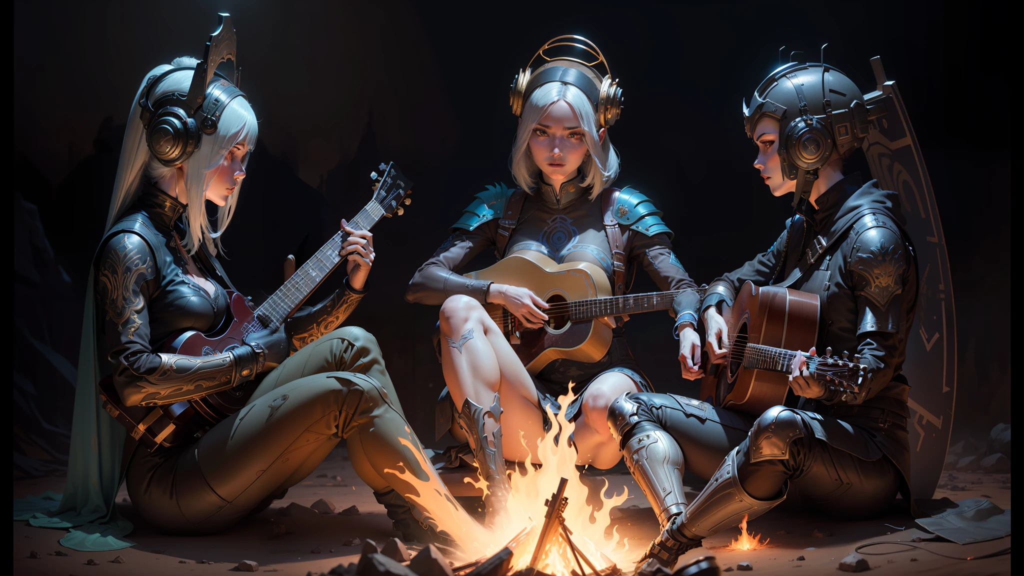 three androids sitting around a campfire with a guitar and a guitar, peter mohrbacher. unreal engine, mannequins, inspired by Vasily Andreevich Tropinin, inspired by Philippe Druillet, artist used brilliant, intricate highly detailed 8k, artem demura --auto --s2
