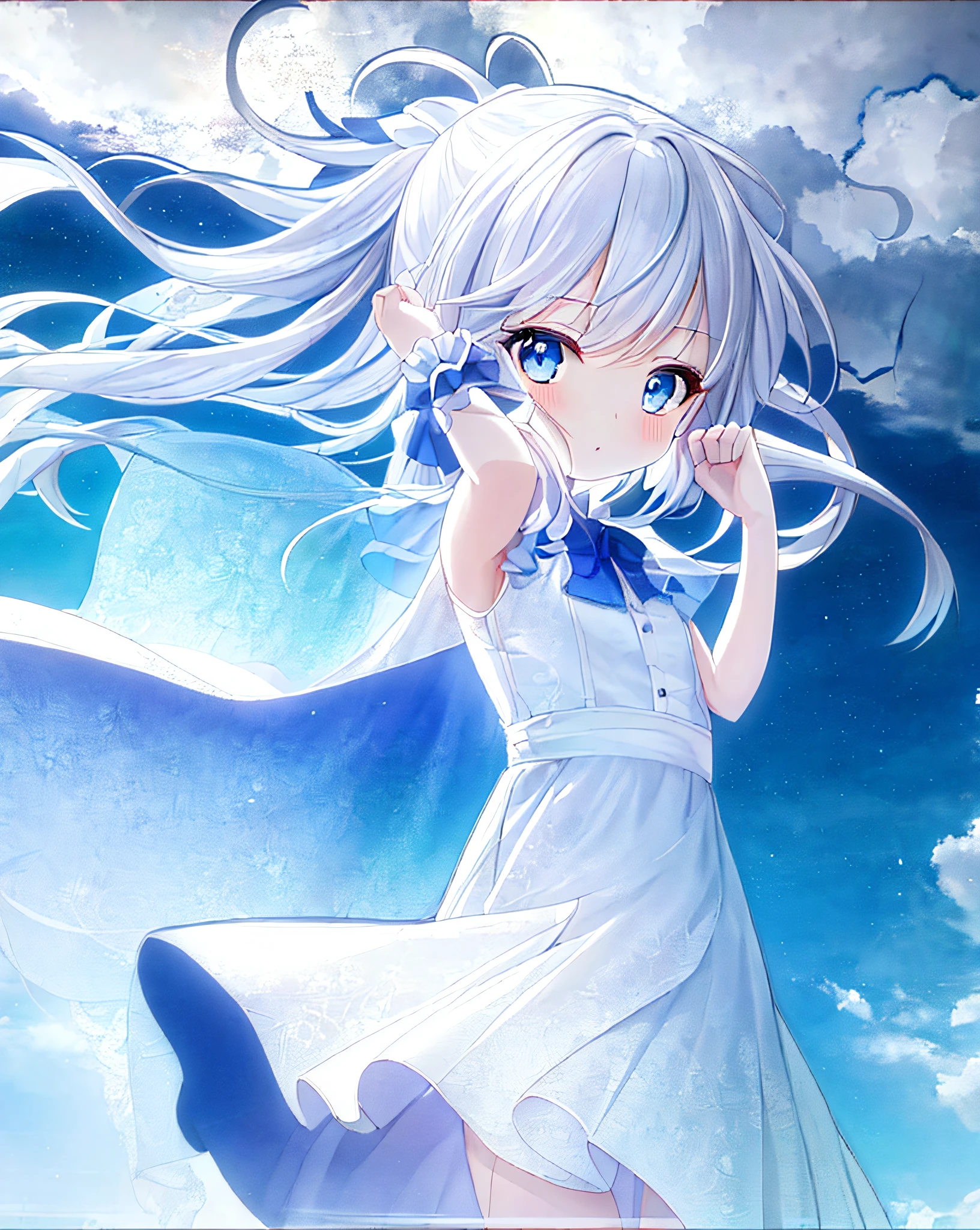 (((Masterpiece))),Superb Image Quality,Super Detail,Ultra High Definition,Anime girl with long white hair and blue eyes dress,Lori in dress,White hair girl,Perfect white hair girl,Beautiful anime girl,Cute girl anime visual, White hair god,Cute anime wife in a nice dress,White hair,Beautiful puffy clouds. Anime, Cute Anime Girl, (anime girl), smooth anime CG art