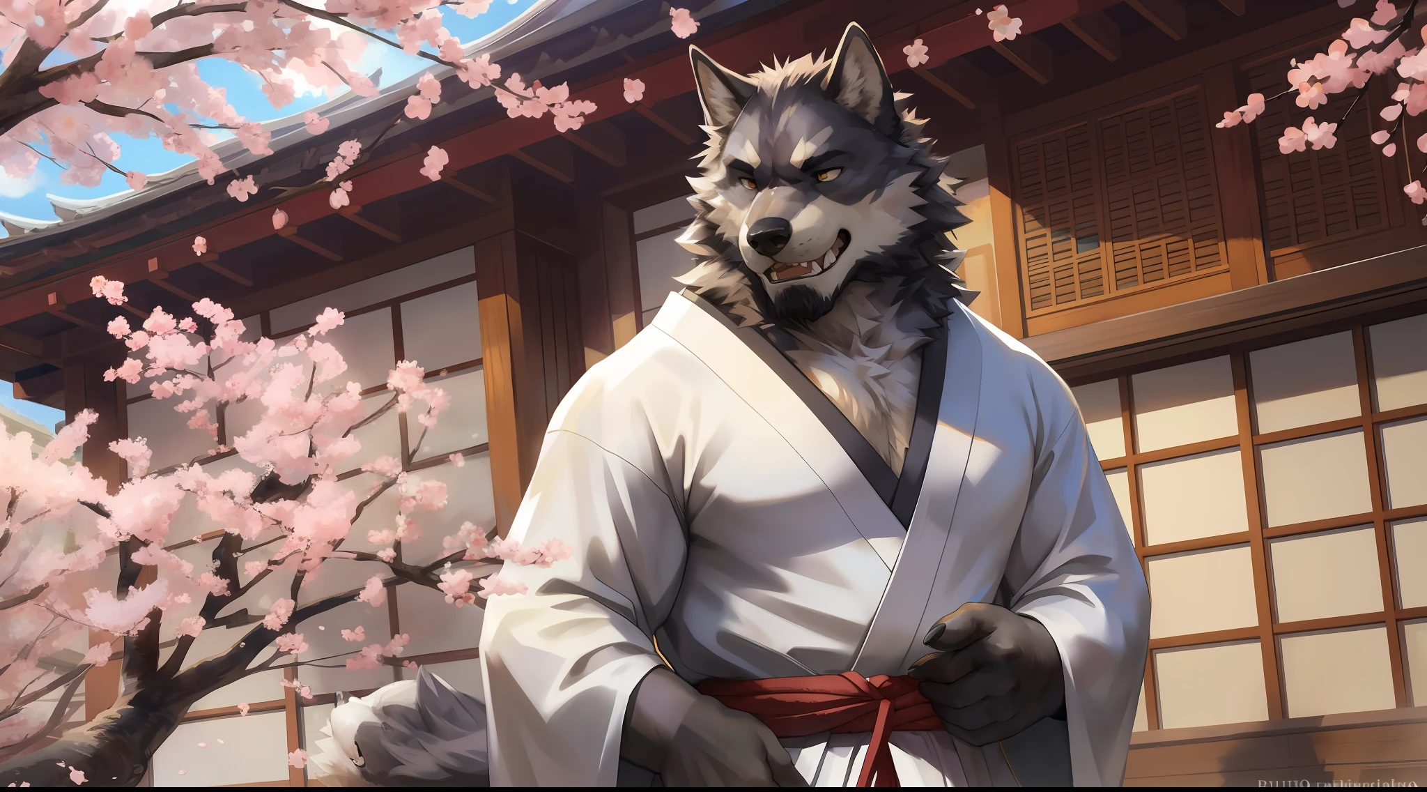 masterpiece,best quality, from high angle,kemono, anthro (wolf), male, (wolf), beard,middle-aged, gray body,white belly,muscular,japanese traditional clothes, white (fundoshi),((open) black formal kimono),,japanese building,look up to the sky,majestic,brutal,confident,strong,cherry blossoms, sakura blossoms leaves, outdoors, dynamic angle,depth of field,delicate canine tooth,correct anatomy, correct hand,,hd, dim ,dark,dark shadows, light against dark,cinematic, dramatic light,wide dynamic range, hdr, low light:1.2, by Pino Daeni, (by ruaidri), by virtyalfobo