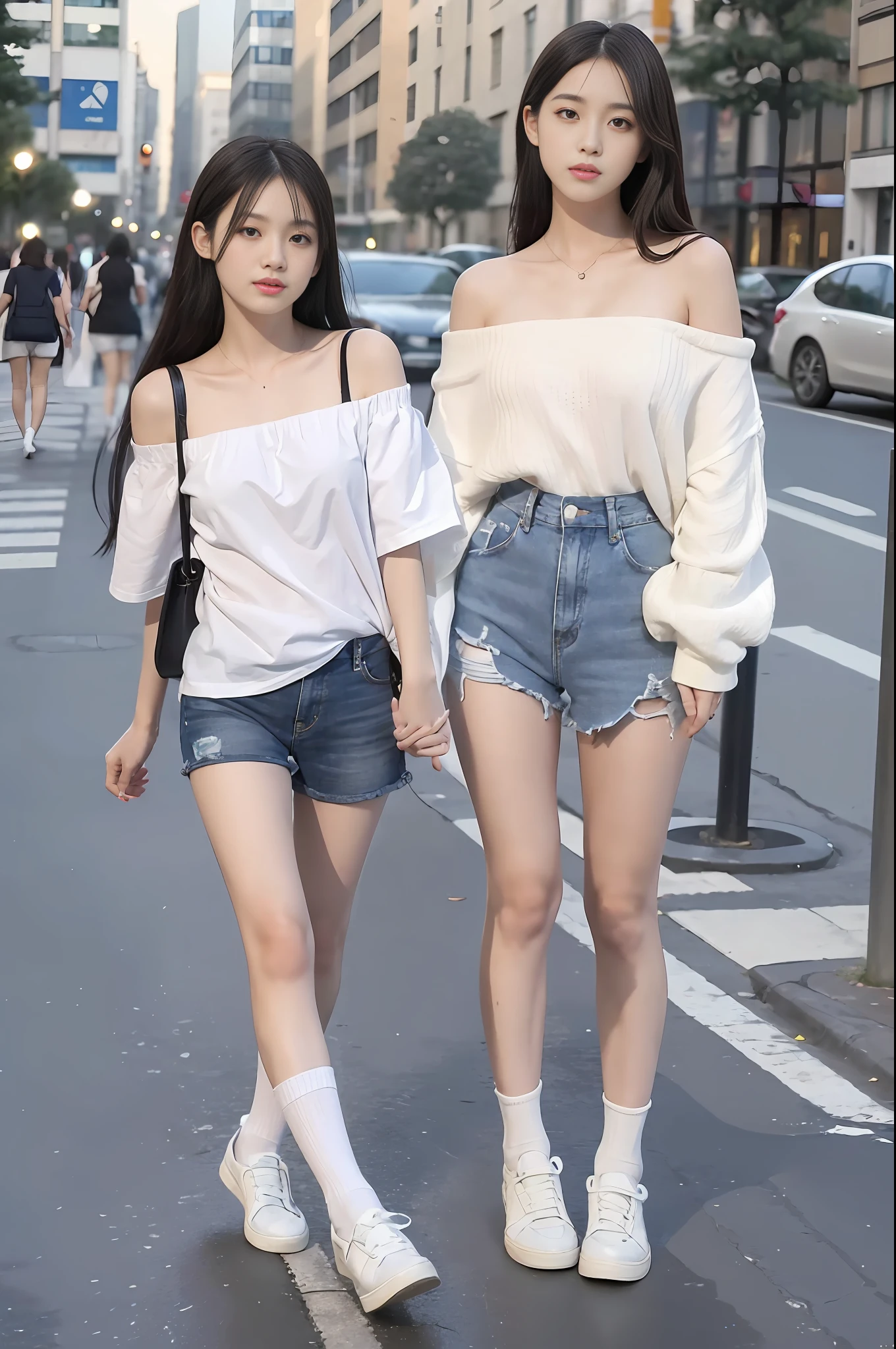 Long black hair, white skin, Chinese, young, white school uniform, white off-the-shoulder clothes, small waist, blue denim shorts, white socks, brown leather shoes and shoes, street, background blur, full body, street photography, realistic, 8k, masterpiece, high resolution, high resolution, anatomically correct, high resolution
