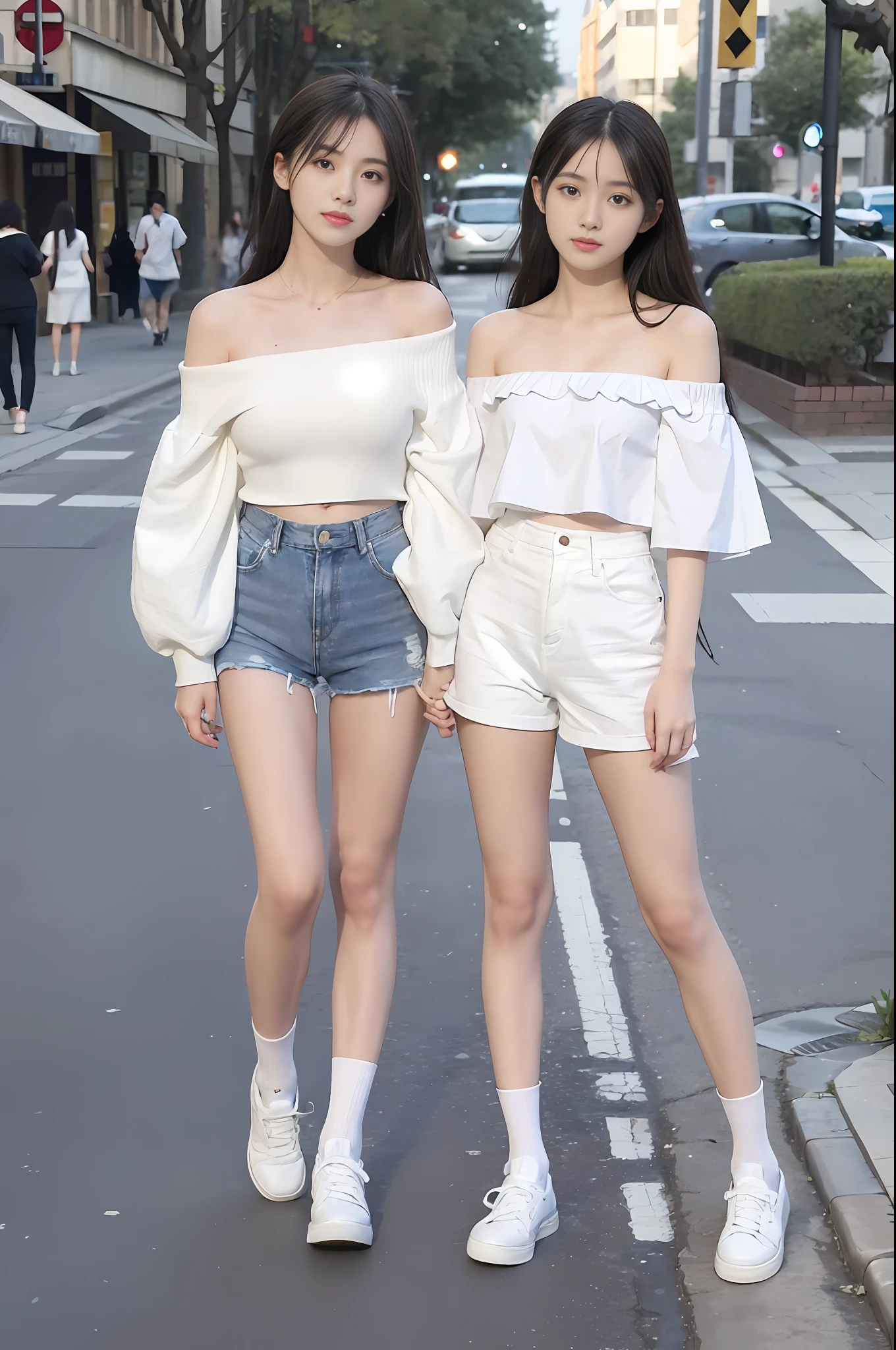 Long black hair, white skin, Chinese, young, white school uniform, white off-the-shoulder clothes, small waist, blue denim shorts, white socks, brown leather shoes and shoes, street, background blur, full body, street photography, realistic, 8k, masterpiece, high resolution, high resolution, anatomically correct, high resolution