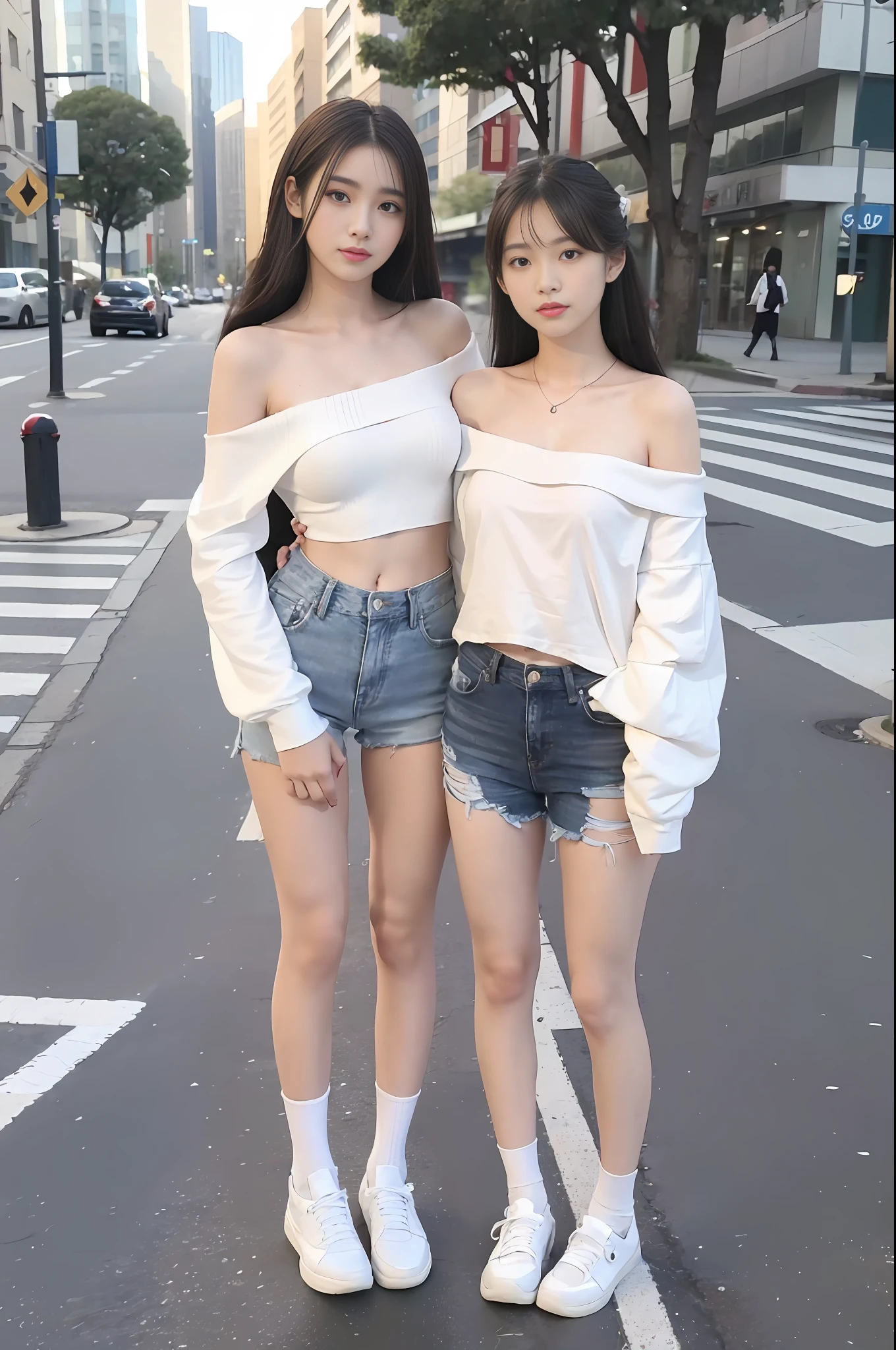 Long black hair, white skin, Chinese, young, white school uniform, white off-the-shoulder clothes, small waist, blue denim shorts, white socks, brown leather shoes and shoes, street, background blur, full body, street photography, realistic, 8k, masterpiece, high resolution, high resolution, anatomically correct, high resolution