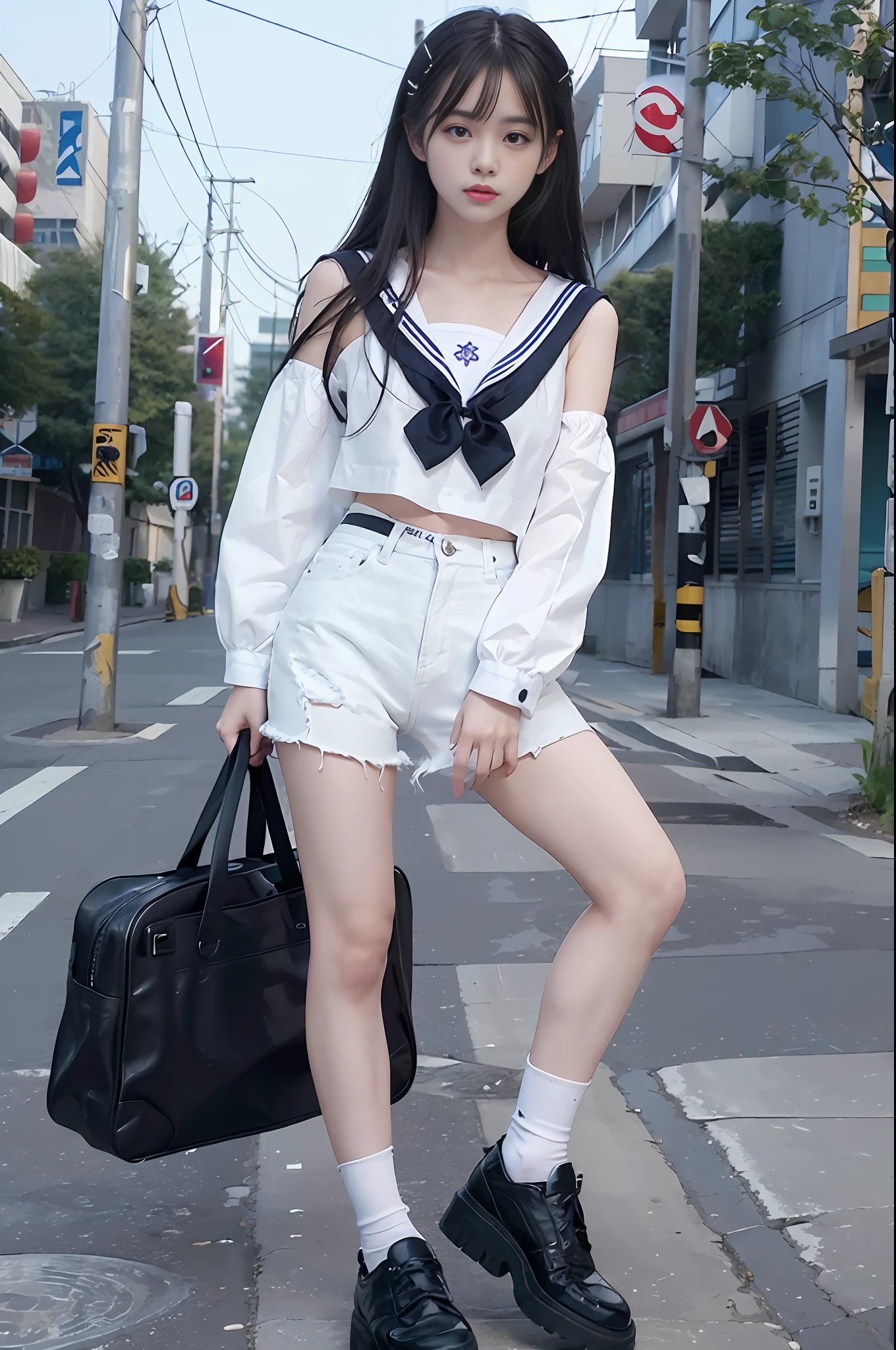 Long black hair, white skin, Chinese, single, solo, young, white school uniform, white off-the-shoulder clothes, small waist, blue denim shorts, white socks, black leather shoes, street, background blur, full body, street photography, realistic, 8k, masterpiece, high resolution, high resolution, anatomically correct, high resolution, fine details