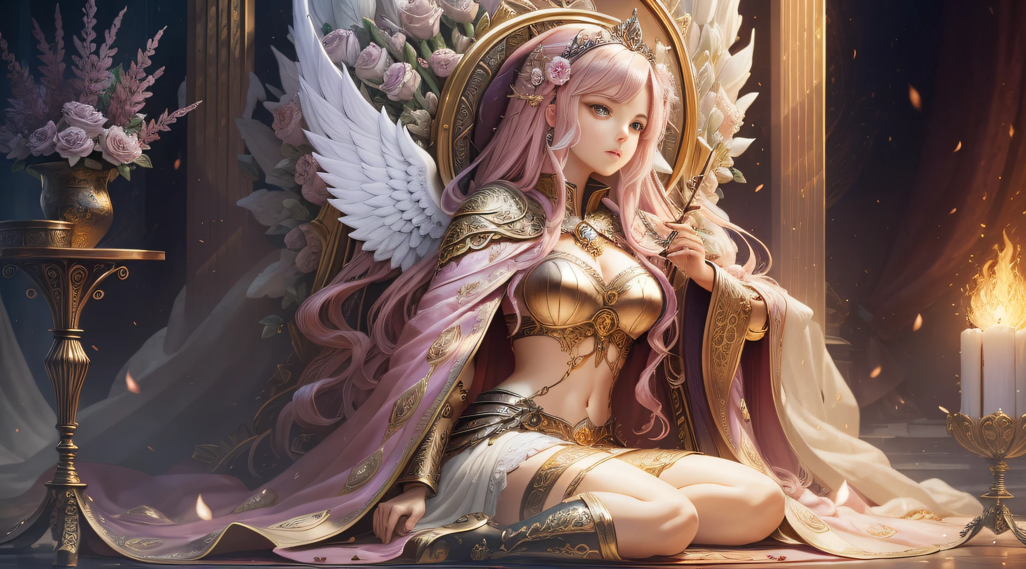 ((Masterpiece, best quality)), ((Cinematic Light)), Fantastic, Wisdom Gaze, arrogance, angel, Mix, Dark Fantasy, Detailed Armor, (Insanely Detailed, Flower), Detailed Costumes, Detailed Long Boots, Beautiful Detailed Eyes, Pink Hair, Long Hair, ((Floating Hair)), Navel, Detailed Fingers, Long Cloak, Isekai, Luxurious Gold Decoration, Throne Room, Sit on Thrones, Large and luxurious throne, fractal art, bonfire --auto --s2