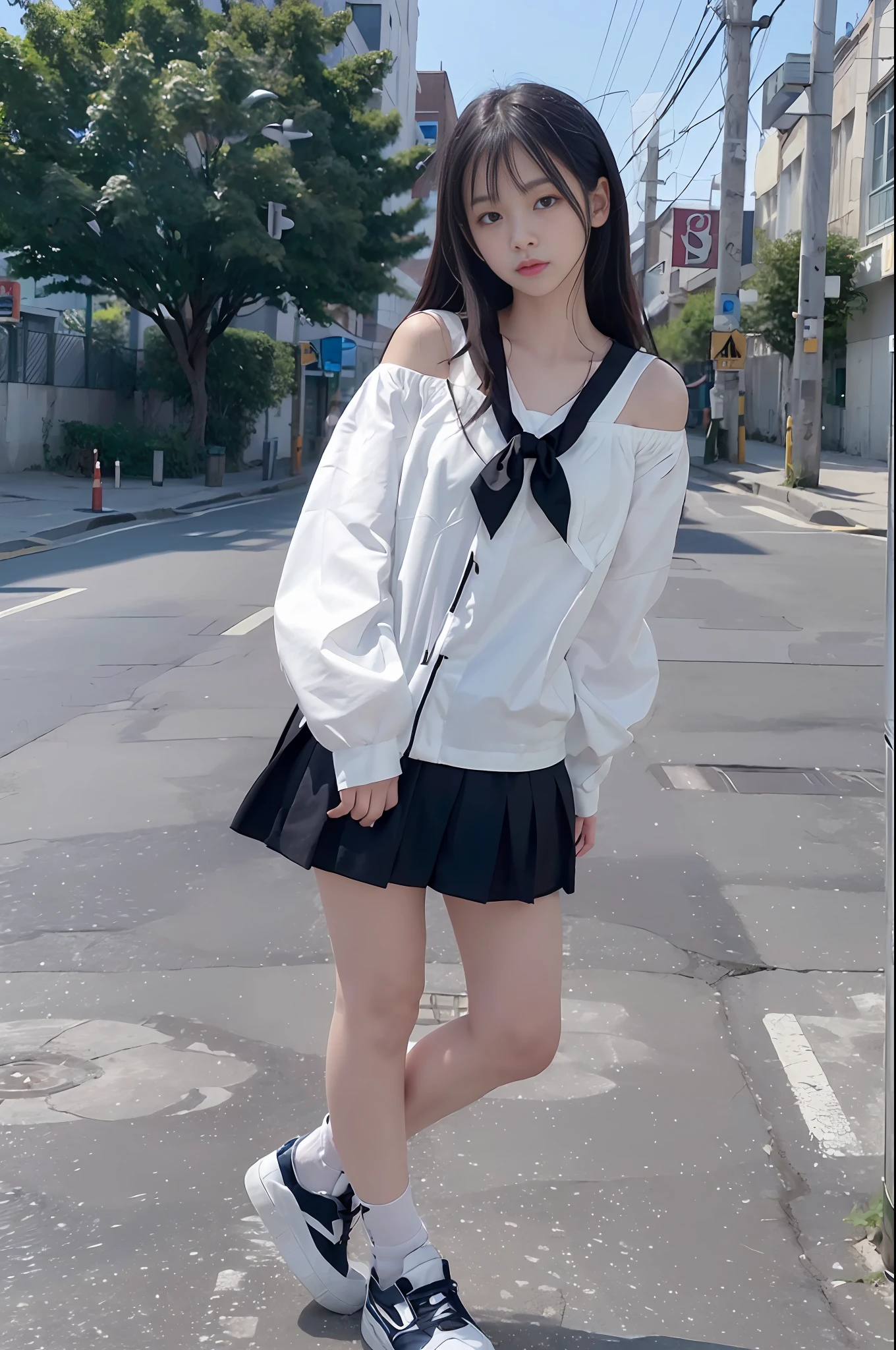 Long black hair, white skin, Chinese, single, solo, young, white school uniform, white off-the-shoulder clothes, small waist, blue denim shorts, white socks, black leather shoes, street, background blur, full body, street photography, realistic, 8k, masterpiece, high resolution, high resolution, anatomically correct, high resolution, fine details