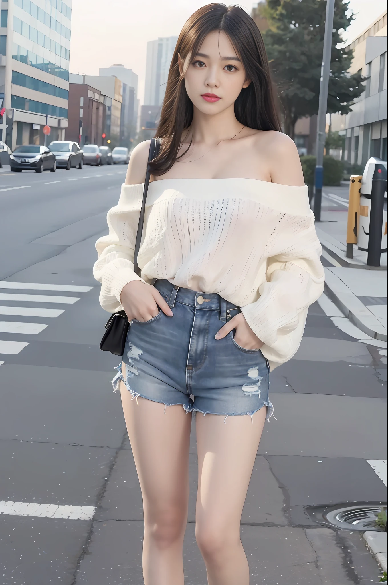 Long black hair, white skin, Chinese, single, solo, young, white school uniform, white off-the-shoulder clothes, small waist, blue denim shorts, white socks, black leather shoes, street, background blur, full body, street photography, realistic, 8k, masterpiece, high resolution, high resolution, anatomically correct, high resolution, fine details