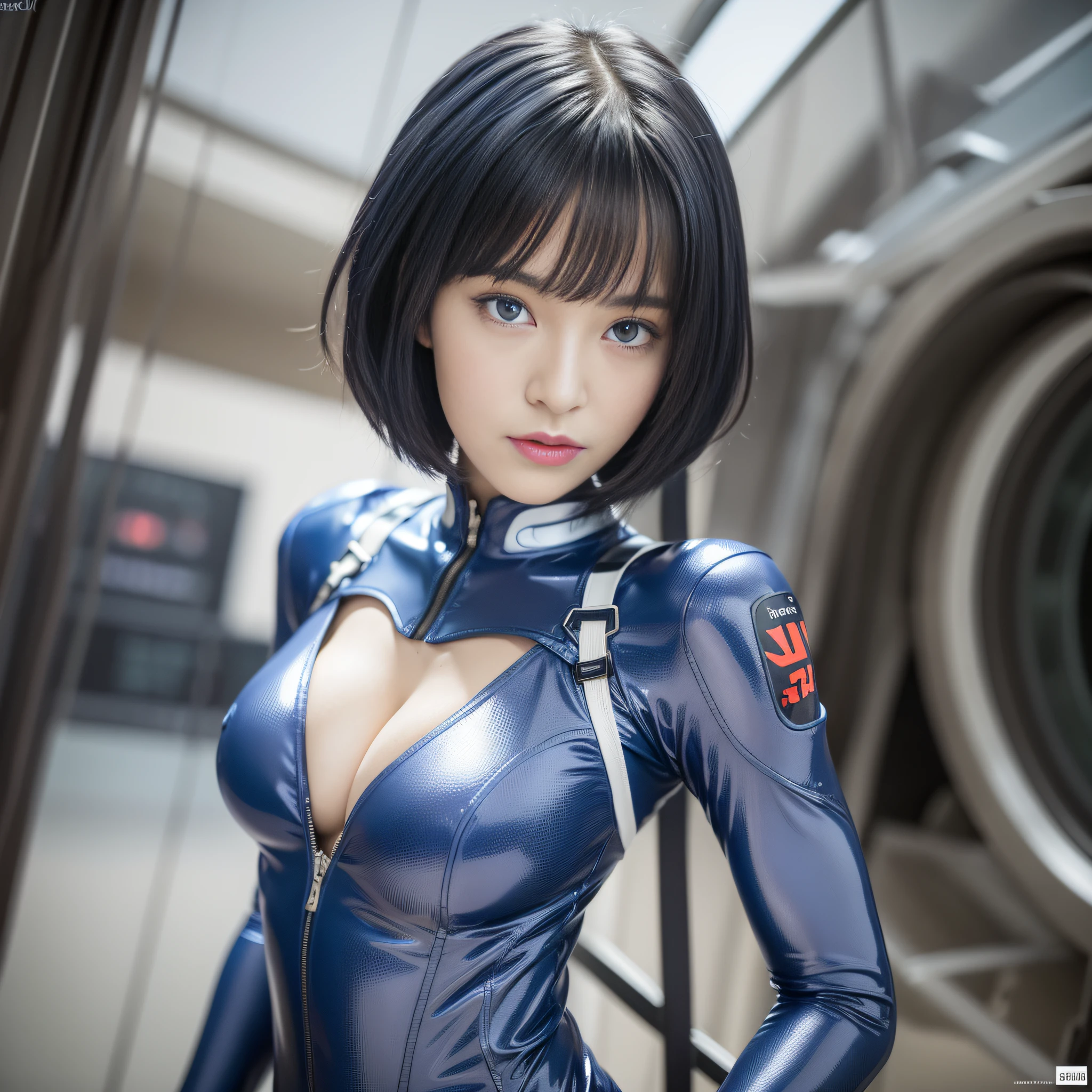 Best Quality, Ultra Hi-Res, 1girl, Masterpiece,,Plugsuit,bodysuit,Solo,((( Big breasts)))), white_bodysuit, pilot_suit, lance_of_longinus, Bangs , Mechanical clothes, Zero small logo pattern on the chest, ((Short hair)), (Short hair)))), White bodysuit, Pilot suit, bangs, Rei Ayanami highest quality, ultra high resolution, (photorealistic: 1.4), blue eyes, viewer view, blush, red lips, (ulzzang-6500-v1.1:1), Rei Ayanami, enhanced suit (best quality, 8k, 32k, masterpiece, UHD: 1.2), detailed eyes, black eyes, cold eyes, double eyelids, watch viewer, (big: 3) (cleavage: 1.2), Japan anime, Evangelion, Rei Ayanami, Japan idol, Japan, Asian woman, hands raised, big, protruding, studio color, plug suit, 15~20 years old, slender eyes, blue short hair, narrow eyes, Buddha's eyes, open mouth, serious gaze, warrior, dark blue hair, thin eyebrows, chest wide open, {{{masterpiece}}}, {{best quality}}}, {{ultra-detailed}}, {illustration}, {{an extremely delicate and beautiful}},Real face,
