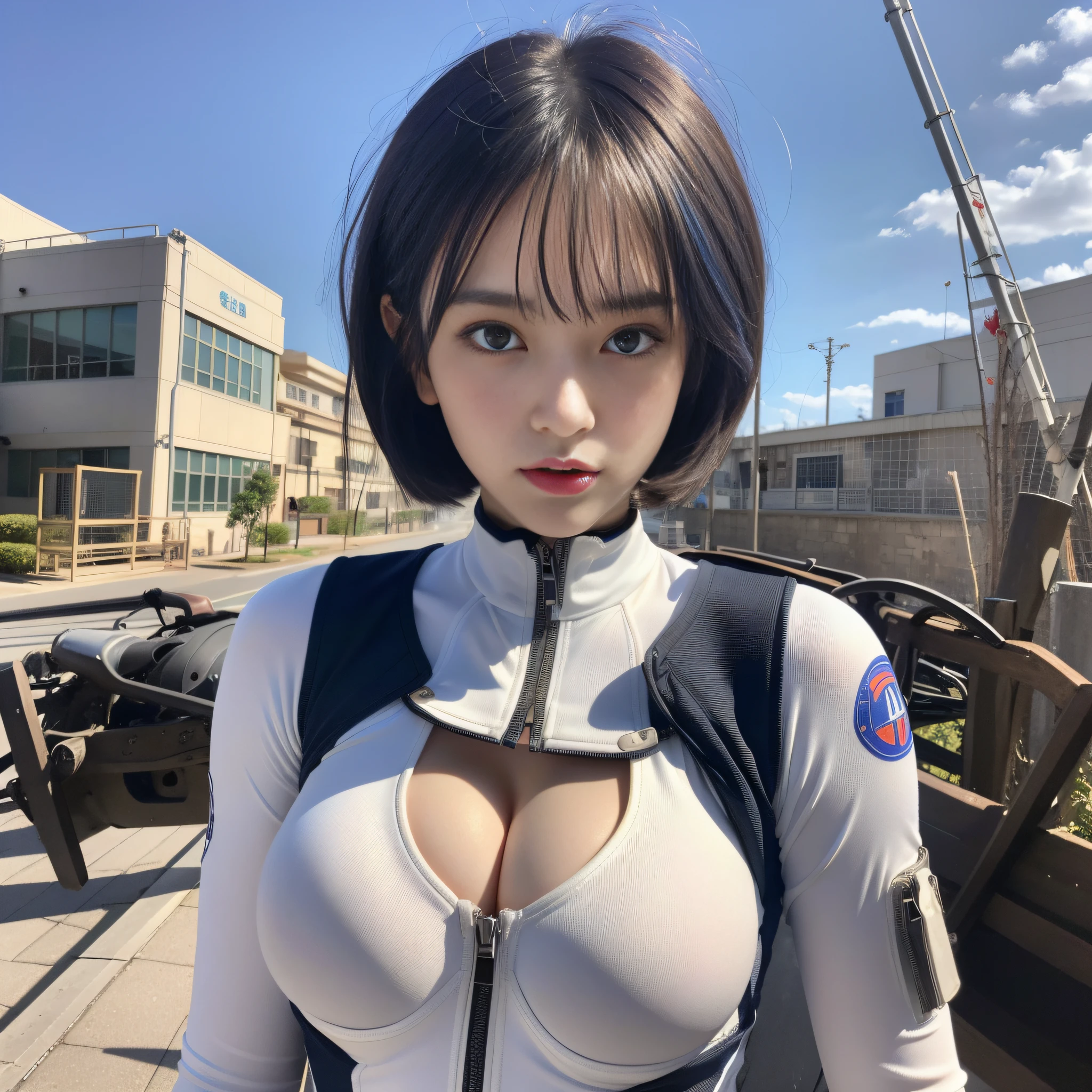 Best Quality, Ultra Hi-Res, 1girl, Masterpiece,,Plugsuit,bodysuit,Solo,((( Big breasts)))), white_bodysuit, pilot_suit, lance_of_longinus, Bangs , Mechanical clothes, Zero small logo pattern on the chest, ((Short hair)), (Short hair)))), White bodysuit, Pilot suit, bangs, Rei Ayanami highest quality, ultra high resolution, (photorealistic: 1.4), blue eyes, viewer view, blush, red lips, (ulzzang-6500-v1.1:1), Rei Ayanami, enhanced suit (best quality, 8k, 32k, masterpiece, UHD: 1.2), detailed eyes, black eyes, cold eyes, double eyelids, watch viewer, (big: 3) (cleavage: 1.2), Japan anime, Evangelion, Rei Ayanami, Japan idol, Japan, Asian woman, hands raised, big, protruding, studio color, plug suit, 15~20 years old, slender eyes, blue short hair, narrow eyes, Buddha's eyes, open mouth, serious gaze, warrior, dark blue hair, thin eyebrows, chest wide open, {{{masterpiece}}}, {{best quality}}}, {{ultra-detailed}}, {illustration}, {{an extremely delicate and beautiful}},Real face,