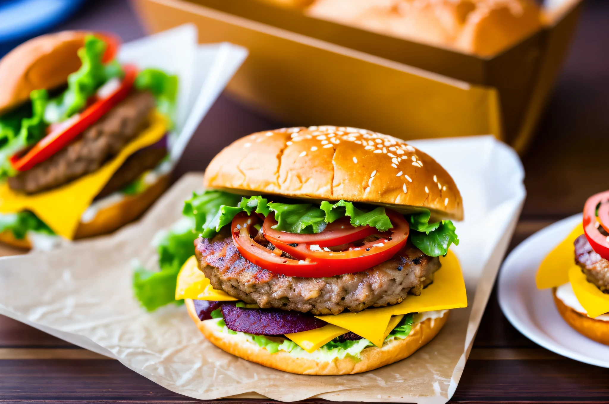 "Juicy and delicious hamburger in the foreground, paper packaging box open to reveal the sandwich inside, clean and tidy kitchen in the background, fast food, wide angle, dynamic composition." --auto --s2