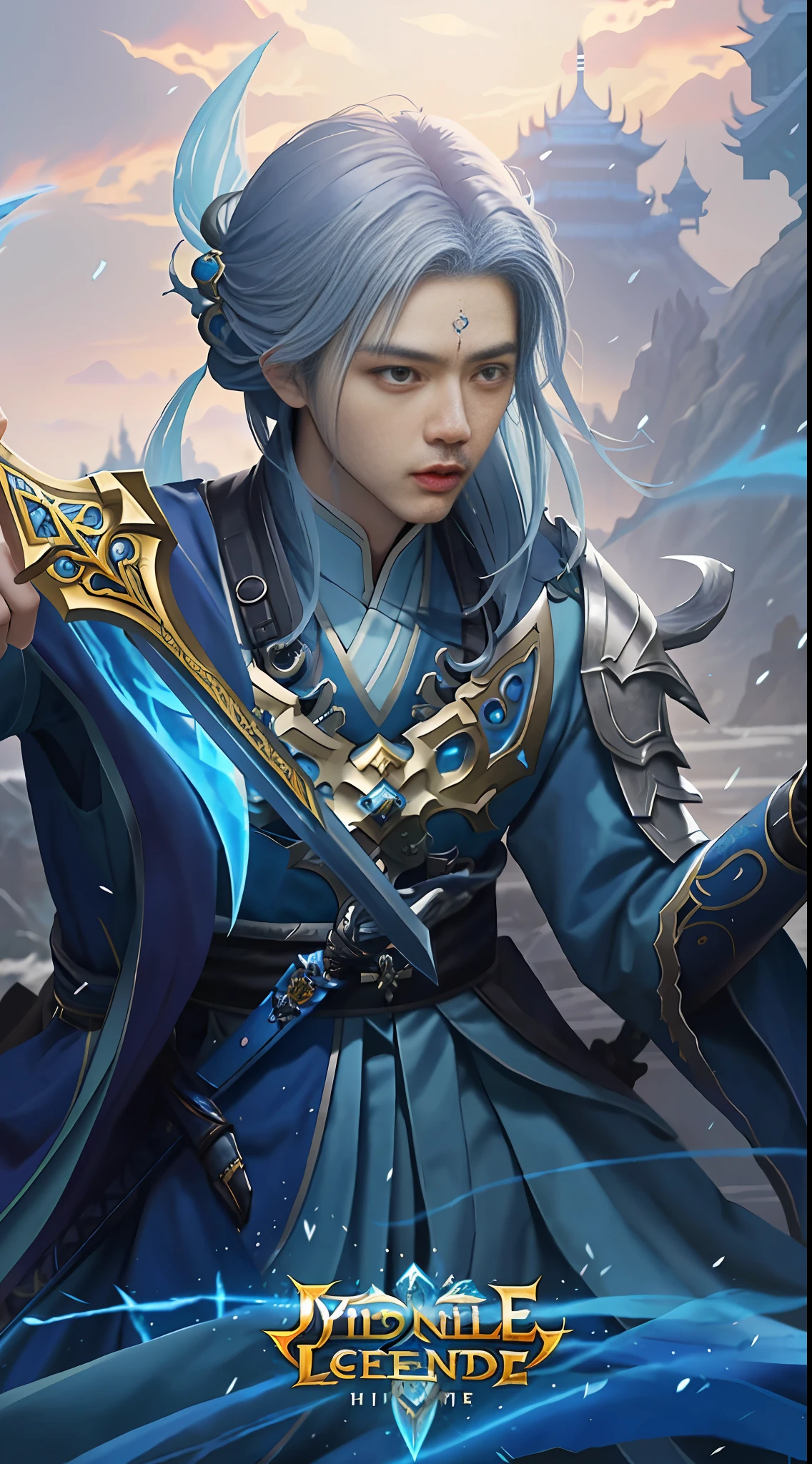 a man in a blue outfit holding a sword and a sword, heise jinyao, mobile legends, ashe, inspired by Huang Shen, astri lohne, inspired by Shen Zhou, xianxia hero, inspired by Yi Inmun, zenra taliyah, mobile wallpaper, yun ling, wild rift, splash art, inspired by Ju Lian, li zixin