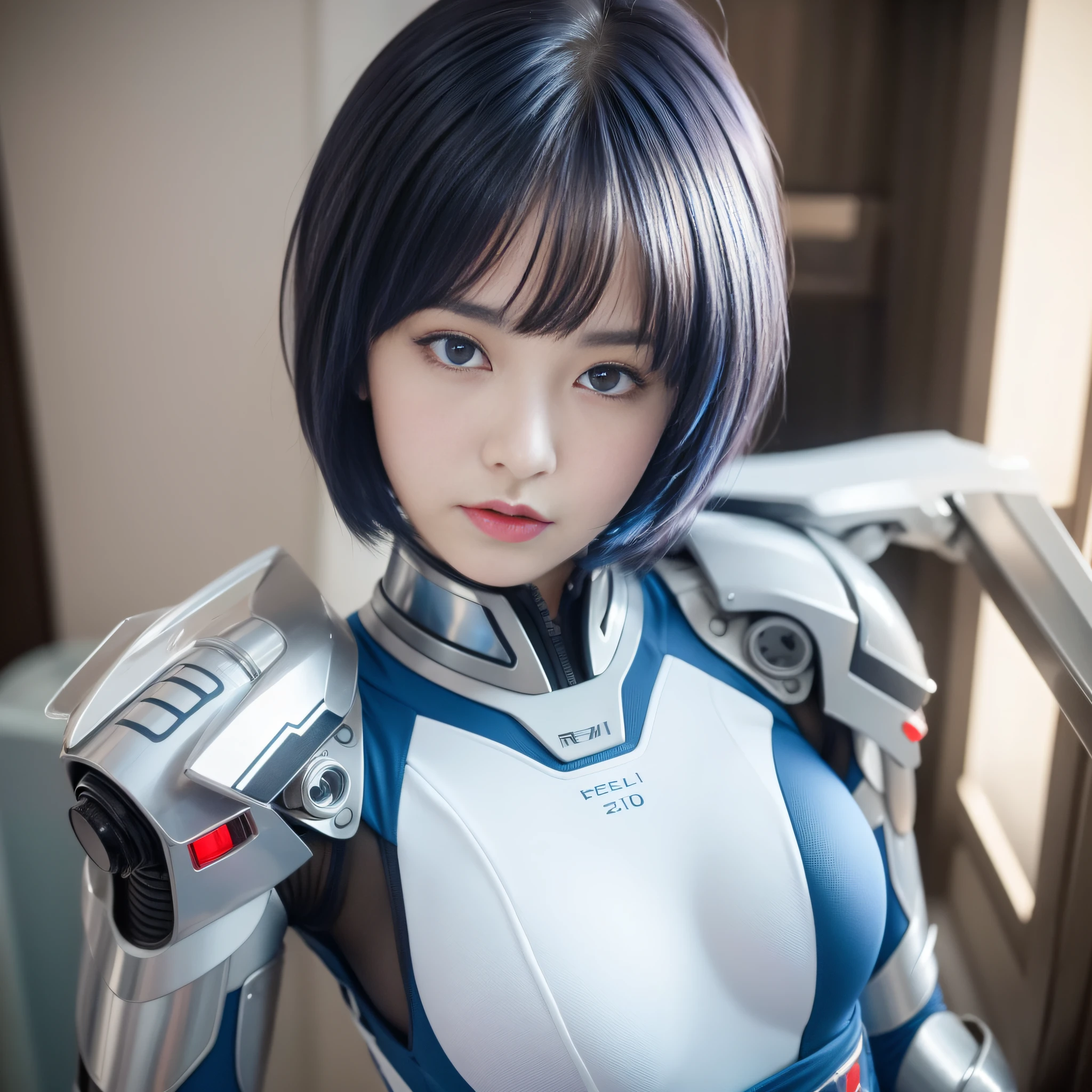 Best Quality, Ultra Hi-Res, 1girl, Masterpiece,,Plugsuit,bodysuit,Solo,((( Big breasts)))), white_bodysuit, pilot_suit, lance_of_longinus, Bangs , Mechanical clothes, Zero small logo pattern on the chest, ((Short hair)), (Short hair)))), White bodysuit, Pilot suit, bangs, Rei Ayanami highest quality, ultra high resolution, (photorealistic: 1.4), blue eyes, viewer view, blush, red lips, (ulzzang-6500-v1.1:1), Rei Ayanami, enhanced suit (best quality, 8k, 32k, masterpiece, UHD: 1.2), detailed eyes, black eyes, cold eyes, double eyelids, watch viewer, (big: 3) (cleavage: 1.2), Japan anime, Evangelion, Rei Ayanami, Japan idol, Japan, Asian woman, hands raised, big, protruding, studio color, plug suit, 15~20 years old, slender eyes, blue short hair, narrow eyes, Buddha's eyes, open mouth, serious gaze, warrior, dark blue hair, thin eyebrows, chest wide open, {{{masterpiece}}}, {{best quality}}}, {{ultra-detailed}}, {illustration}, {{an extremely delicate and beautiful}},Real face,