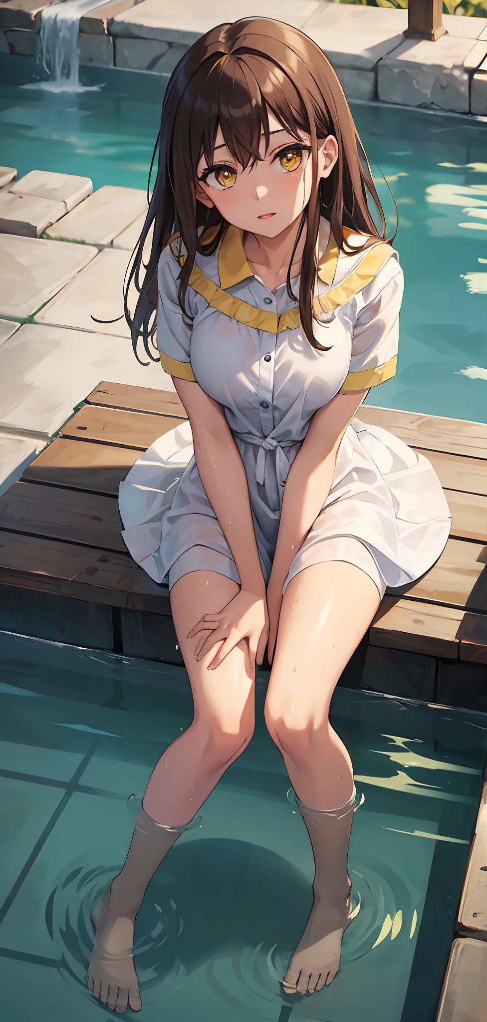 Arms between legs, hands out of frame, brown hair, yellow eyes, passionate gaze, feeling pleasure, wet legs, in heat, full body