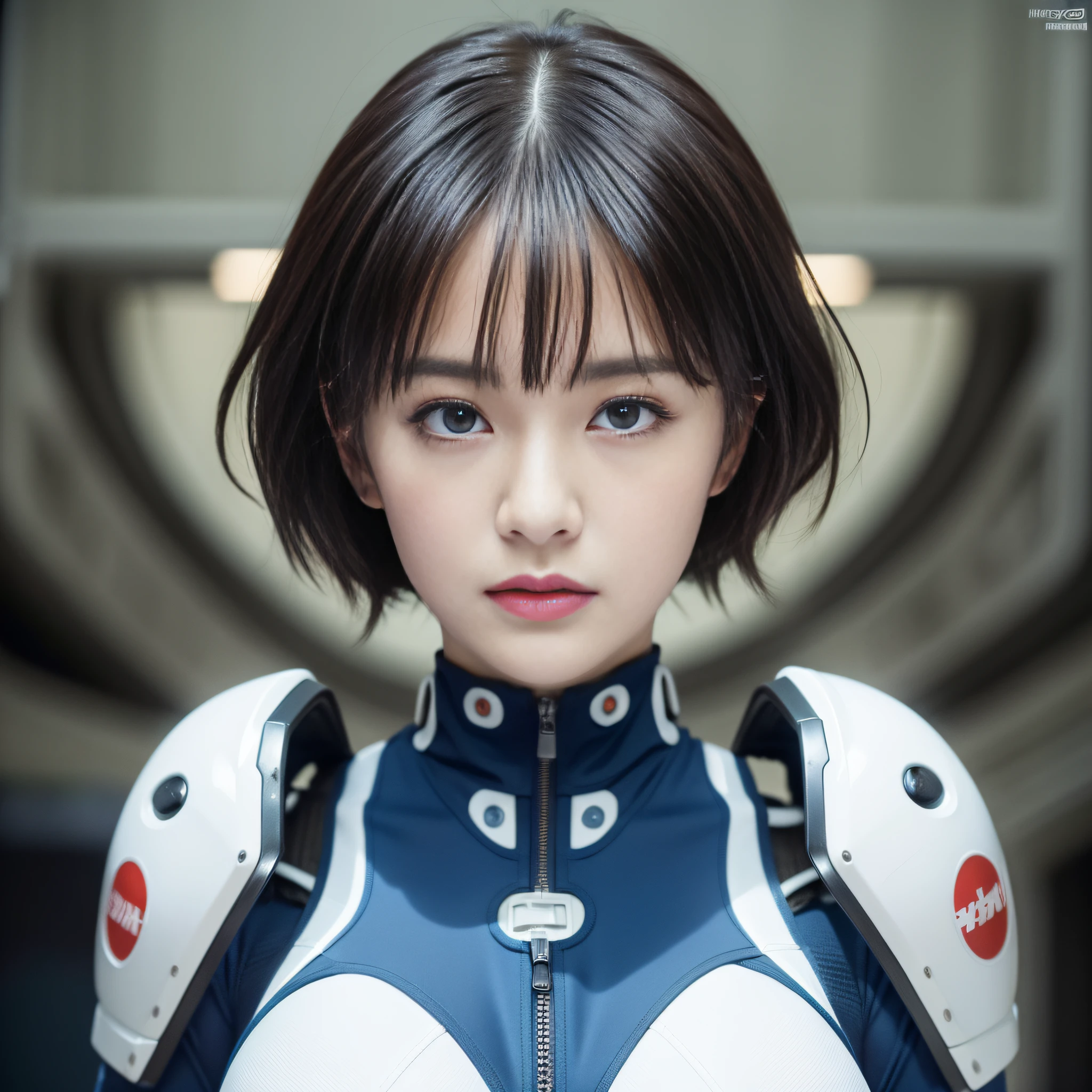 Best Quality, Ultra Hi-Res, 1girl, Masterpiece,,Plugsuit,bodysuit,Solo,((( Big breasts)))), white_bodysuit, pilot_suit, lance_of_longinus, Bangs , Mechanical clothes, Zero small logo pattern on the chest, ((Short hair)), (Short hair)))), White bodysuit, Pilot suit, bangs, Rei Ayanami highest quality, ultra high resolution, (photorealistic: 1.4), blue eyes, viewer view, blush, red lips, (ulzzang-6500-v1.1:1), Rei Ayanami, enhanced suit (best quality, 8k, 32k, masterpiece, UHD: 1.2), detailed eyes, black eyes, cold eyes, double eyelids, watch viewer, (big: 3) (cleavage: 1.2), Japan anime, Evangelion, Rei Ayanami, Japan idol, Japan, Asian woman, hands raised, big, protruding, studio color, plug suit, 15~20 years old, slender eyes, blue short hair, narrow eyes, Buddha's eyes, open mouth, serious gaze, warrior, dark blue hair, thin eyebrows, chest wide open, {{{masterpiece}}}, {{best quality}}}, {{ultra-detailed}}, {illustration}, {{an extremely delicate and beautiful}},Real face,
