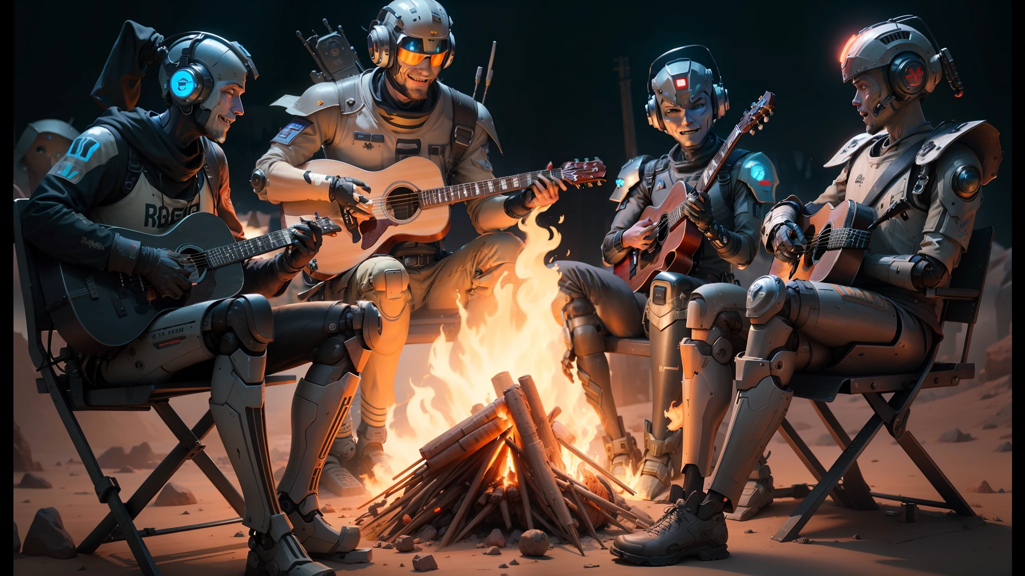 a group of robots sitting around a campfire with guitars, death and robots, cg animation, desert oasis background, male bard, sectoid, sing for a laugh, ironpunk, gray men, realistic scene, still of a happy, reptoids, the infinite, metal --auto --s2