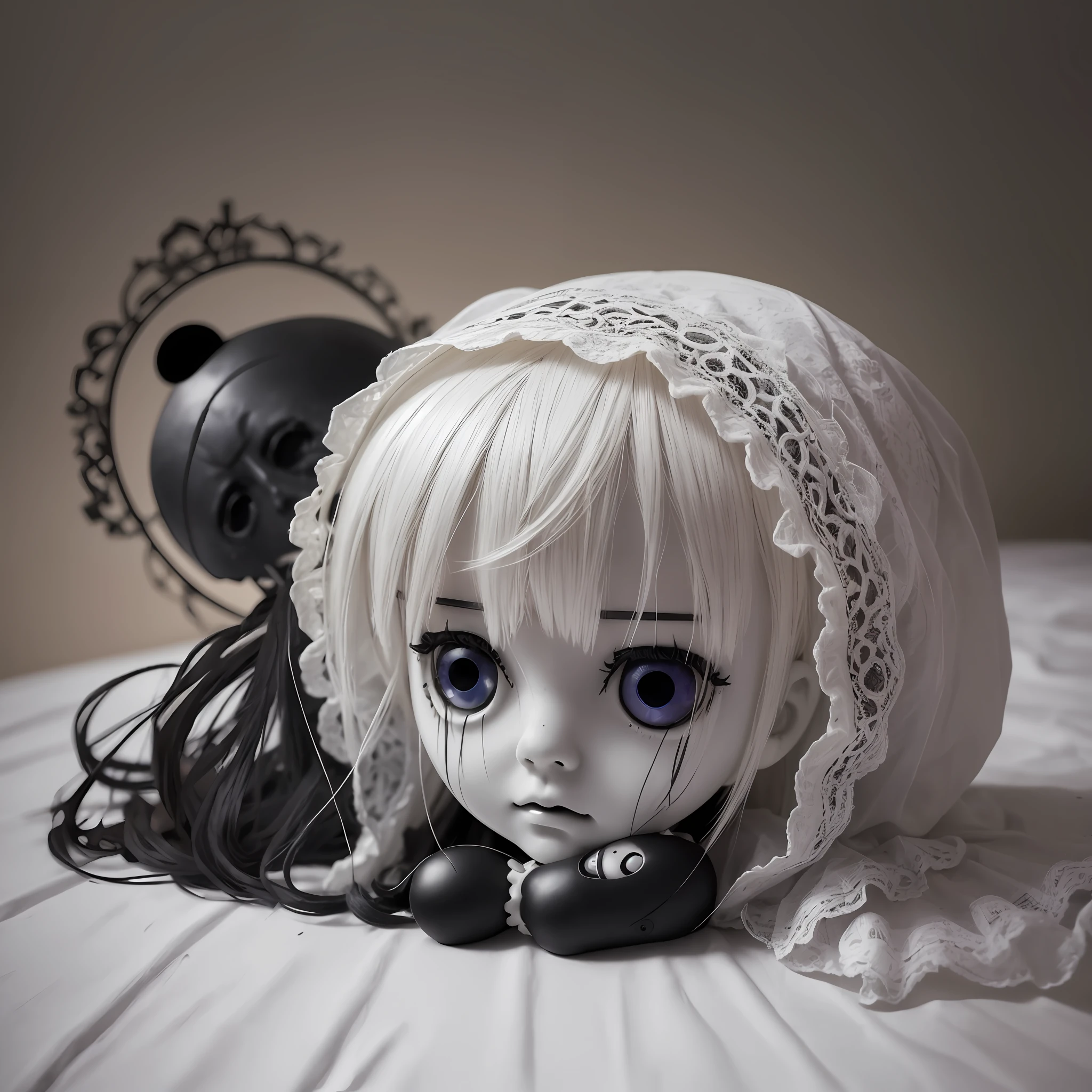 (best quality), (top quality), (dark), (whole body), (melancholy), (sadness), (agony), (terror), (horror), (balck and white) Doll being torn apart.