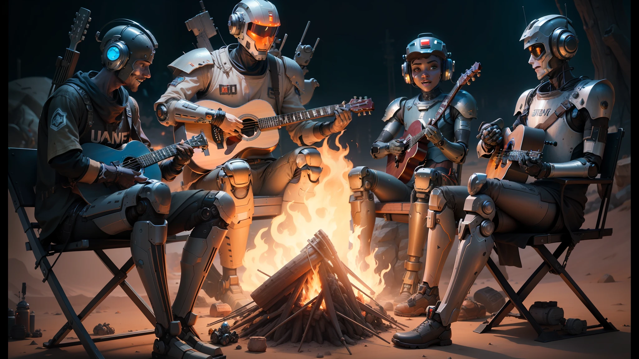 a group of robots sitting around a campfire with guitars, death and robots, cg animation, desert oasis background, male bard, sectoid, sing for a laugh, ironpunk, gray men, realistic scene, still of a happy, reptoids, the infinite, metal --auto --s2
