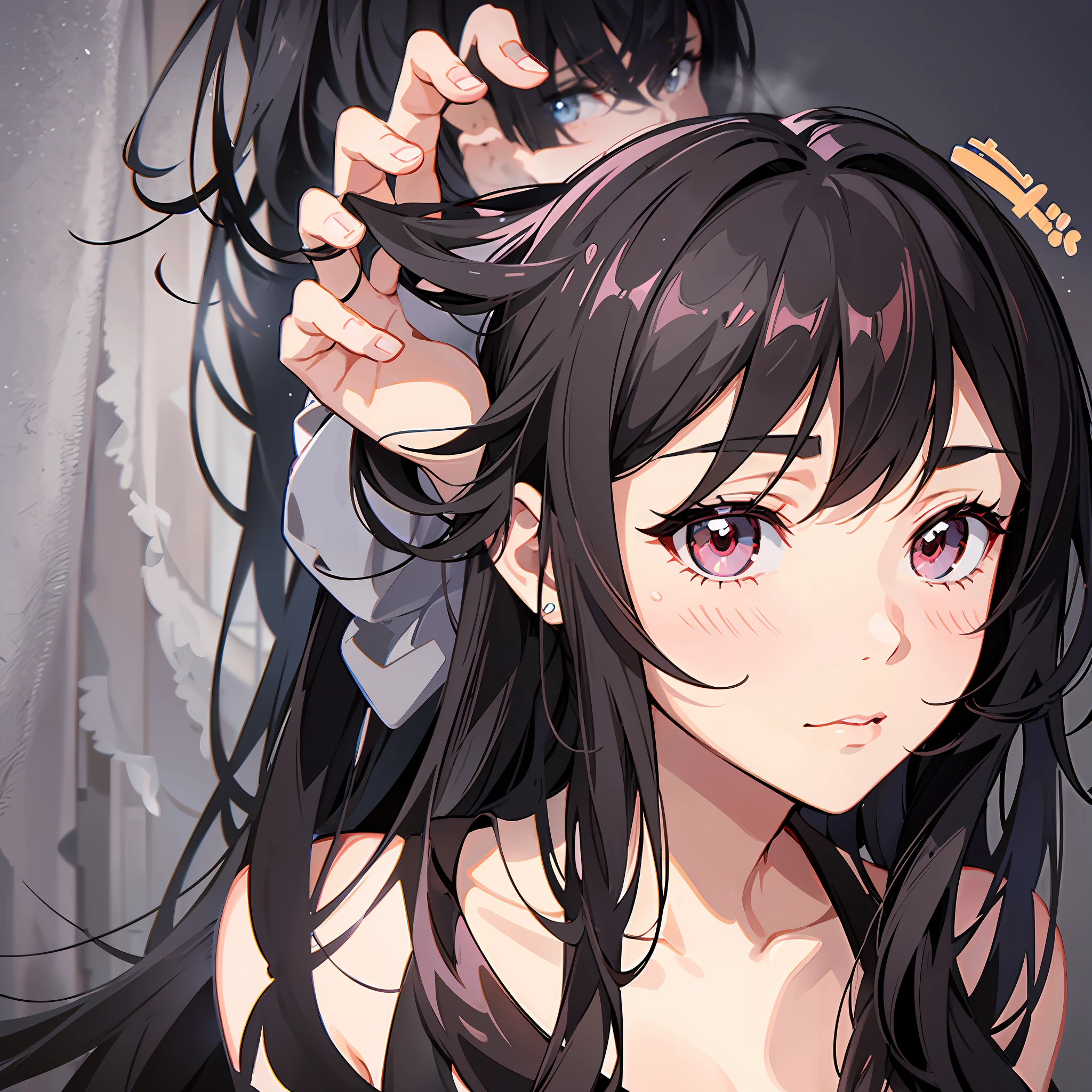 Mature boxer with long black hair. She is shy and cannot make eye contact. Her cheeks are blushing. She wears black underwear. The background is a dark bedroom. Close-up images. I'm having a conversation with someone
