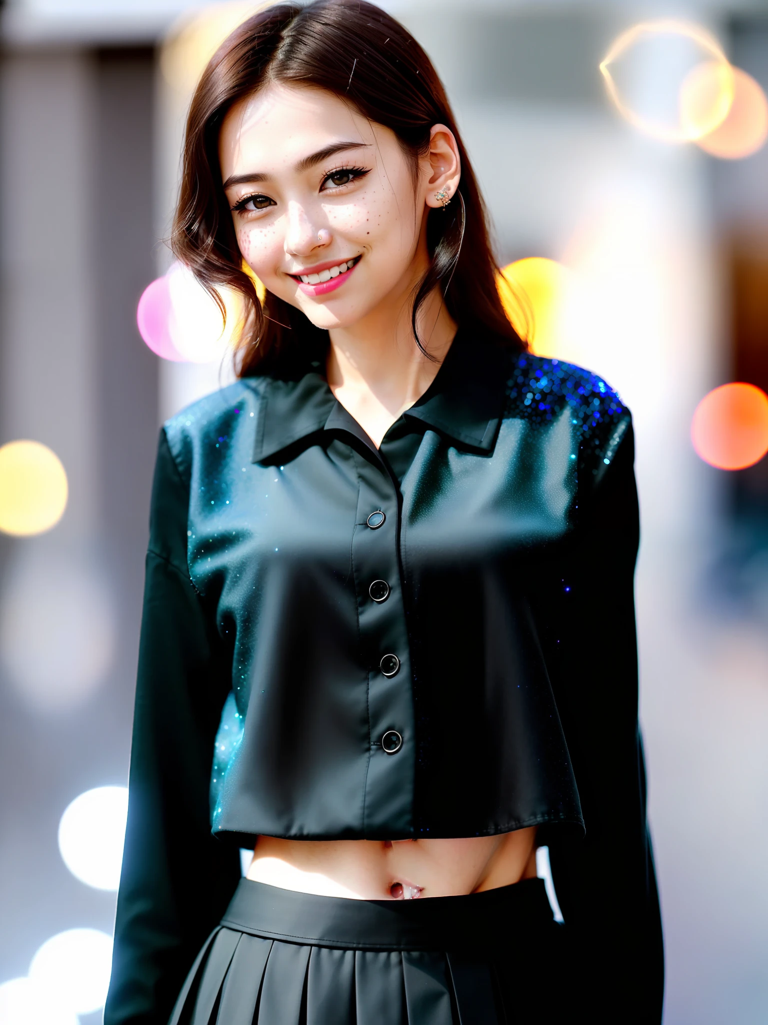 (Skin Blemishes: 1.2), (Skin Dent), Black Eyes, 1 Woman, 21 years old, ((((Female))), Solo, Realistic, Best Quality, Photorealistic, Masterpiece, 32K, High Resolution, Solo, Highly Detailed Face, (Professional Lighting, Bokeh), (Light Particles, Lens Flare, Luminous Particles: 0.6), (Dynamic Pose: 1.2), Soft Lighting, Angle View from Above Fashionable and trendy atmosphere, Japan, street, Tokyo, city, ((daytime)), sky, wire cable, (((viewer: 1)), (looking at camera), (portrait: 0.6), cowboy shot, gorgeous, standing, keeping original  proportions, wide shoulders, full body, (small) ), (medium hair), brown hair, floating hair, lips, lipstick,  smile, floating, smiling, mouth open, teeth, (black suit), eyelashes (black skirt), mole, (mole under eyes: 1),