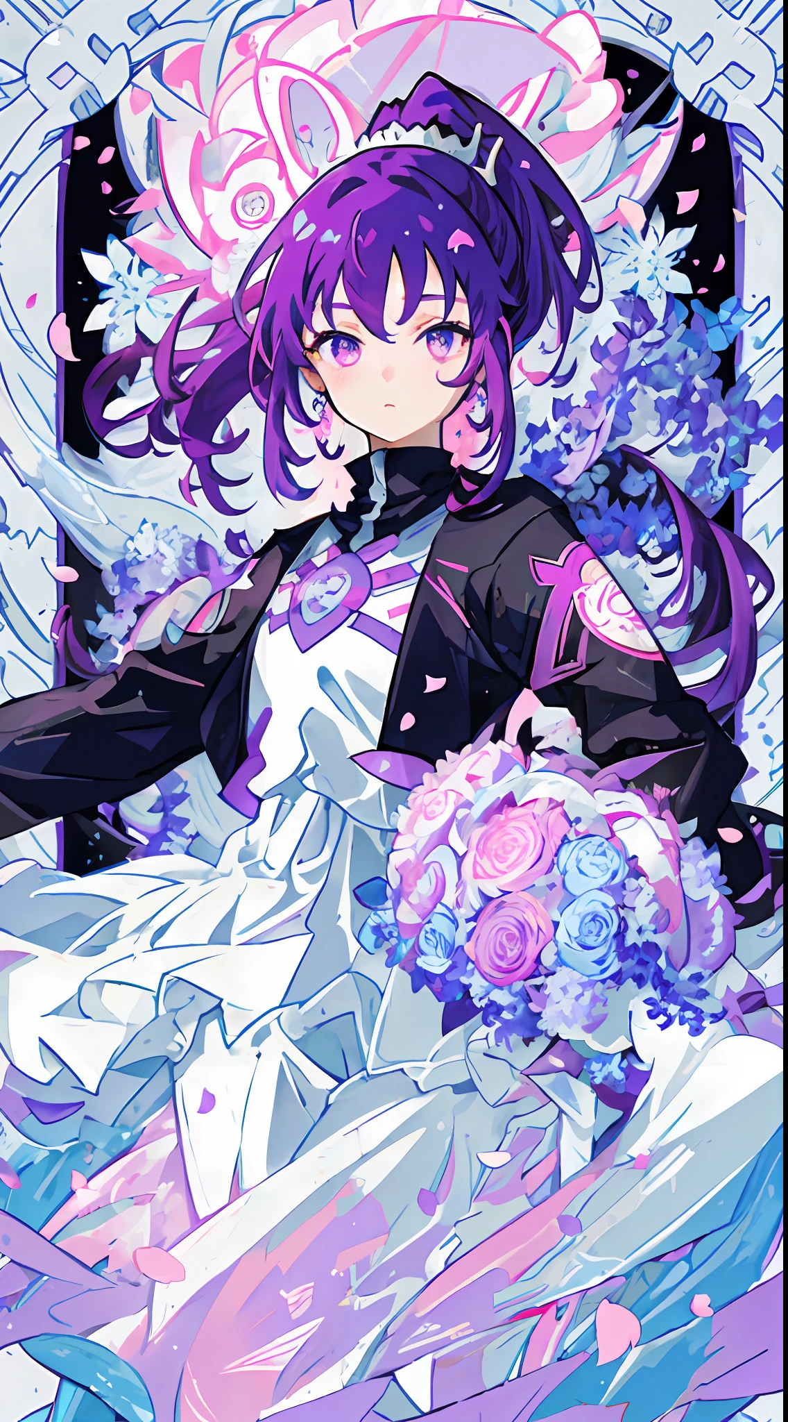 ((Masterpiece, Best Quality)), (Negative Space: 1.2), (1 Girl, Solo: 1.4), Petals, Pink Eyes, Dragon Girl, Long, Purple Hair, High Ponytail, Liquid Hair, Flowers, Dragon Background, Front