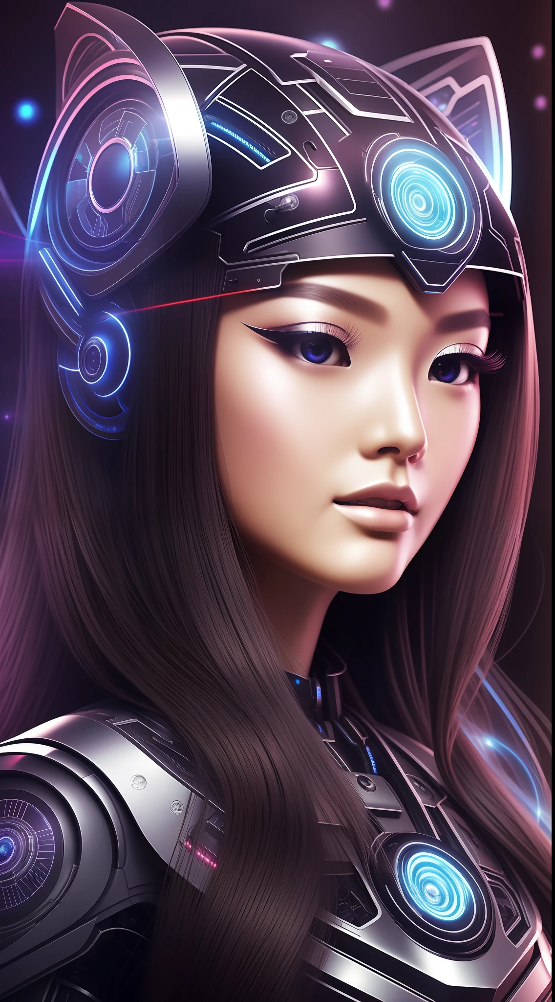 robot background, beauty in front, asian face, long hair, futuristic technology, surrealism, ultra hd,