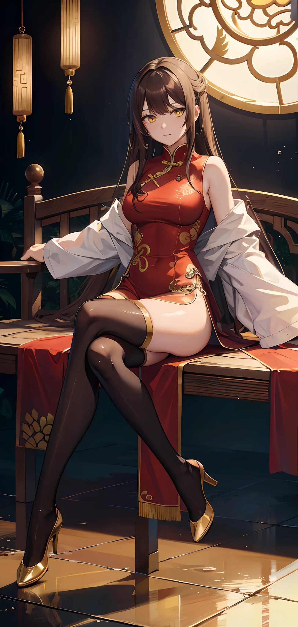 Arms between legs, hands out of frame, brown hair, yellow eyes, passionate gaze, feeling pleasure, wet legs, in heat, full body, crossed legs, Chinese dress,