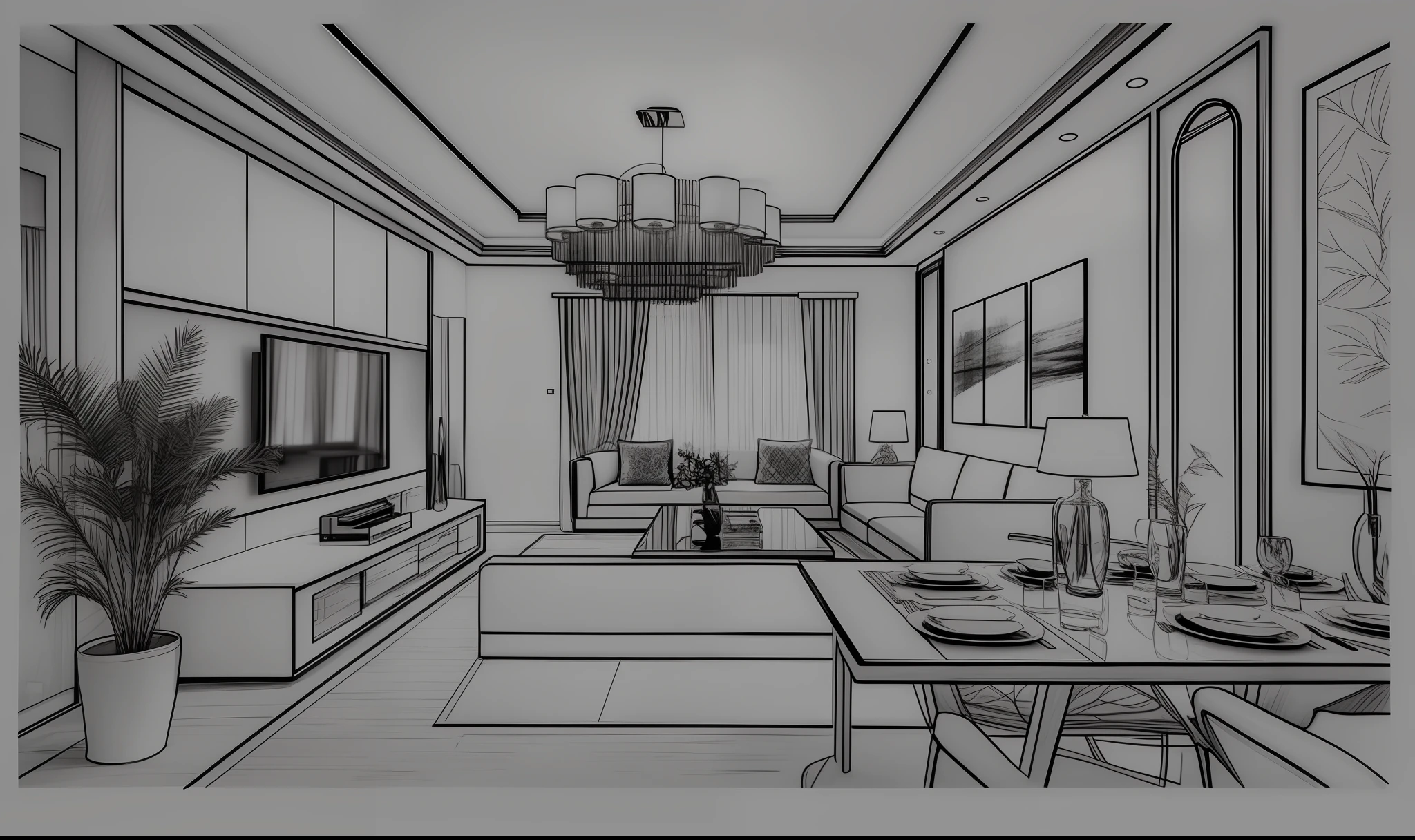 a drawing of a living room with a dining table and a couch, sketch style, lineart behance hd, high quality of sketching, sketch black and white colors, comprehensive 2 d render, interior background, high quality sketch, interior design details, residential design, interior design background, interior living room, sketch illustration, architectural concepts, interior background art, apartment design --auto --s2