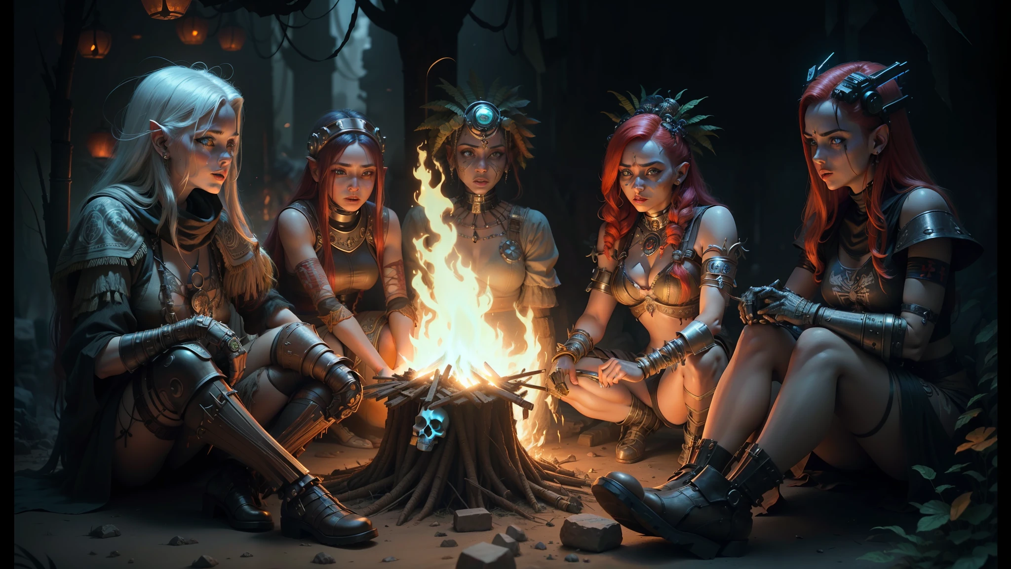 three women and two robots in costume sitting around a campfire with skulls on their heads, female cyberpunk redhead, trending in artstration, aztec cyborg movie still, dmt machine elves, post-apocalyptic vibes, iron maiden album cover, inspired by nier, carnival, slavic folk fairy tale, cyberpunk 2 0 8 8 --auto --s2