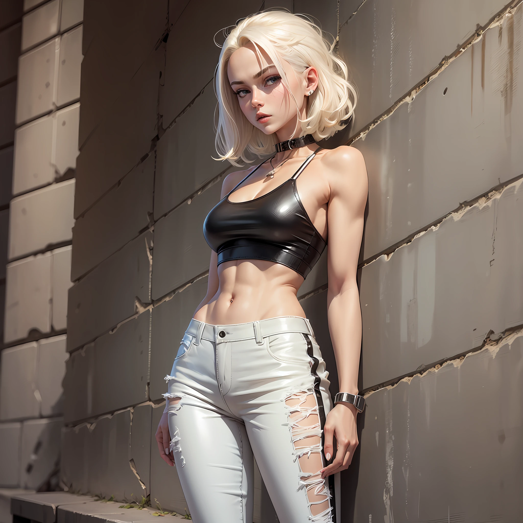 short chin long platinum blonde hair, low waist 3/4 leather pants, sneakers barefoot, spaghetti strap crop top, collar --auto --s2