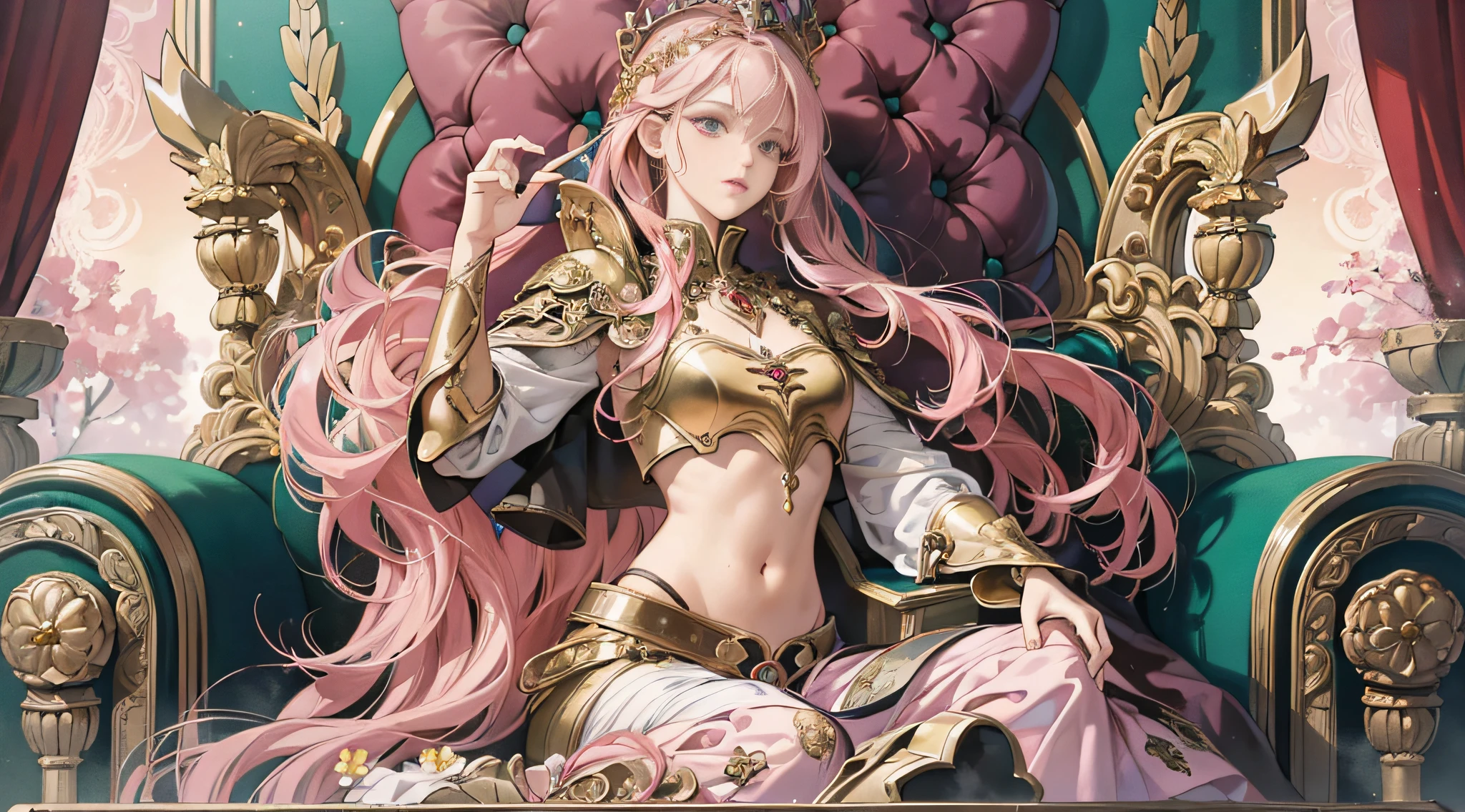 ((Masterpiece, highest quality)), ((Cinematic Light)), Fantastic, Wisdom, Devil, Mix, Horror, Dark Fantasy, Detailed Armor, (Insanely Detailed, Flower), Detailed Long Boots, Beautiful Detailed Eyes, Pink Hair, Long Hair, ((Floating Hair)), Navel, Long Cape, Otherworldly, Luxurious Gold Decoration, Throne Room, Sitting on the Throne, Large and Luxurious Throne, fractal art