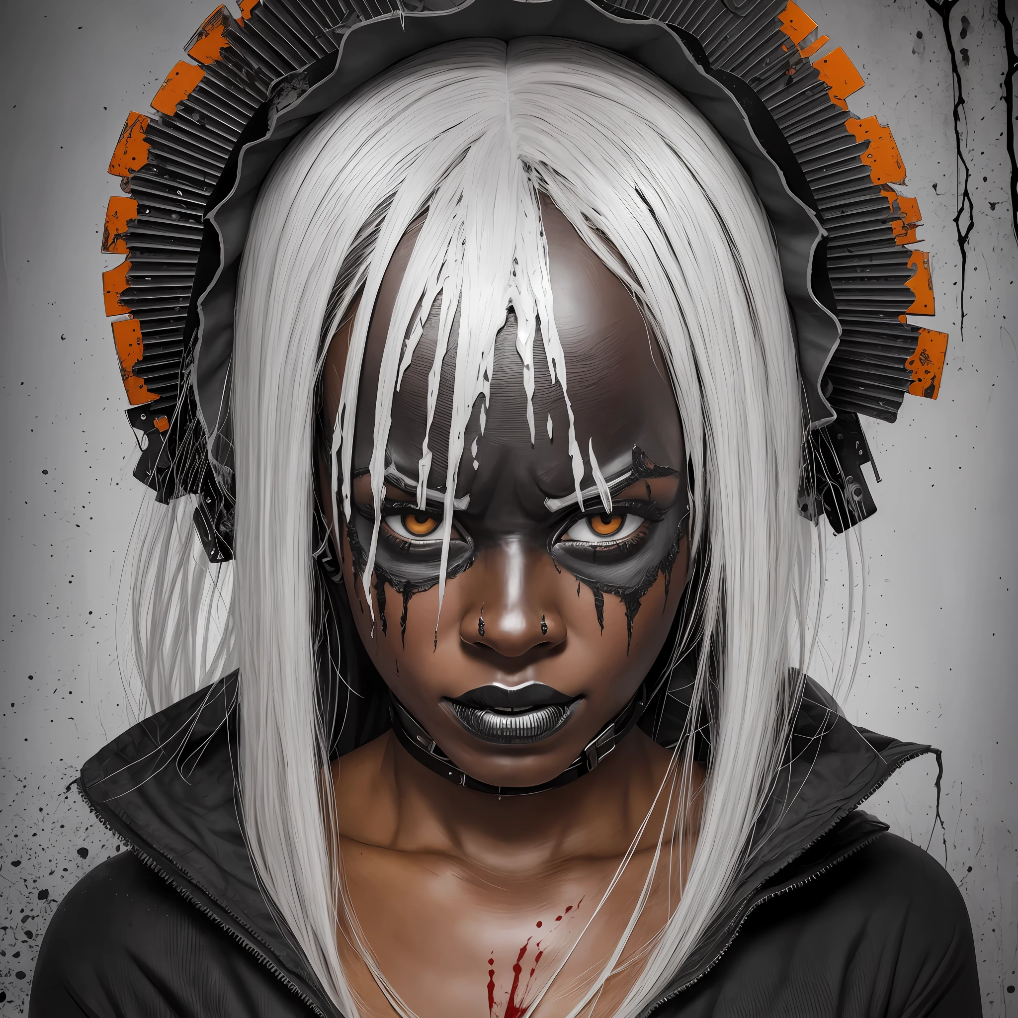 (best quality), (top quality), (dark), (whole body), (melancholy), (sadness), (agony), (terror), (horror), (black and white) woman wearing a halloween mask, holding a blood-stained chainsaw.