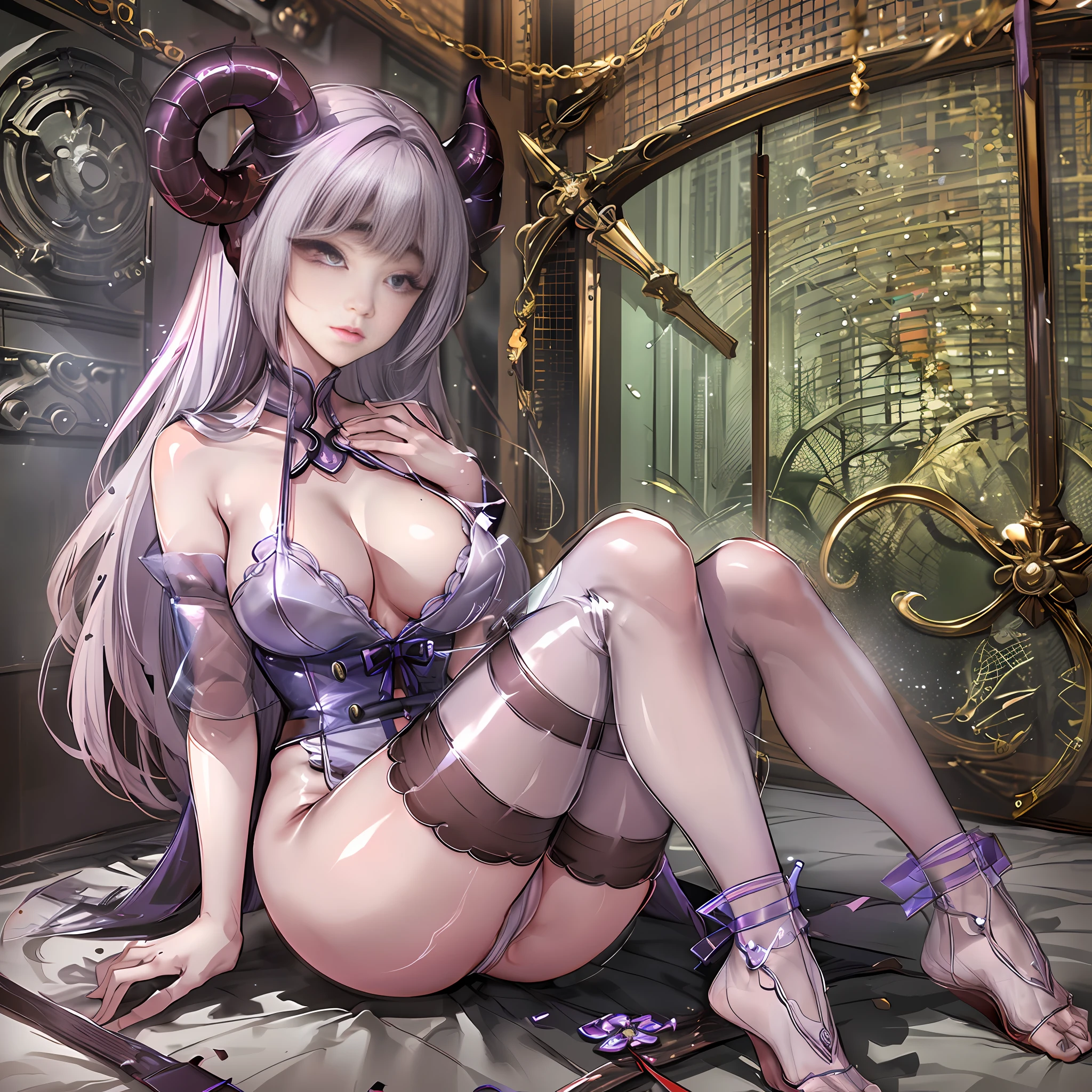 succubus, The horns of sheep, Long white hair, Purple eyes, Nice and delicate face, A shy expression, nude, Lace pattern, Plump Chest, Black pantyhose, No shoes., Beautiful and delicate feet, Tilt one's legs, Sit on the bed, Full-body photo, Bedroom background, Beautiful details, Luxurious, Lace, Surreal, grace, A beautiful background, The best quality, masterpiece, Very delicate and beautiful., Very detailed, CG, Astonishing, Fine details, The best quality, Official art, Very detailed CG unity 8k wallpaper, Illustration, 8k
