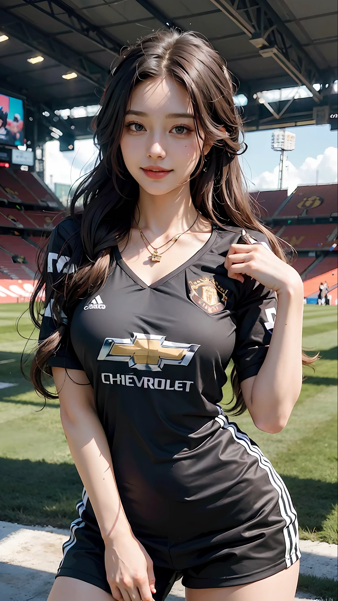 1girl, long hair, hairstyle, blush, lovely smile, ((Manchester United soccer jersey)), big breasts, (curvy), professional make-up, necklace, football stadium vacation, (cyberpunk), dynamic light, dynamic angle,