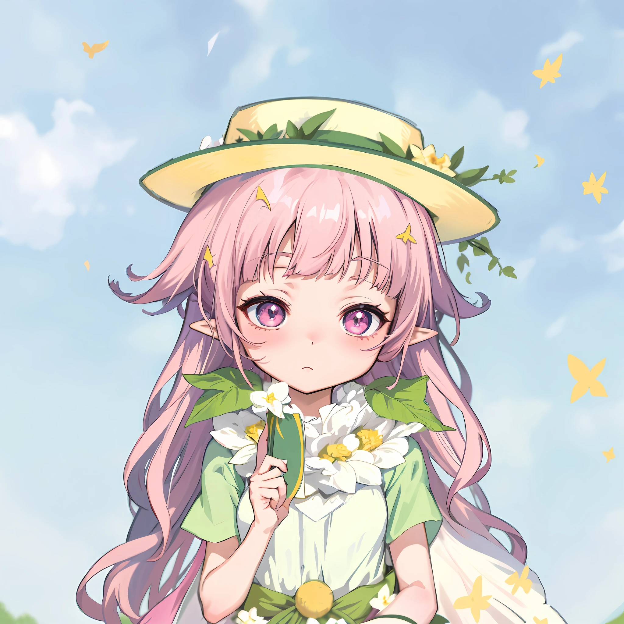anime girl with long pink hair and hat holding a book, my dress up darling anime, elf girl wearing an flower suit, goddess of summer, fey queen of the summer forest, inspired gacha club game, fairycore, goddess of spring, the non-binary deity of spring, kawaii realistic portrait, cute character, with bloom ethereal effects, portrait of magical girl